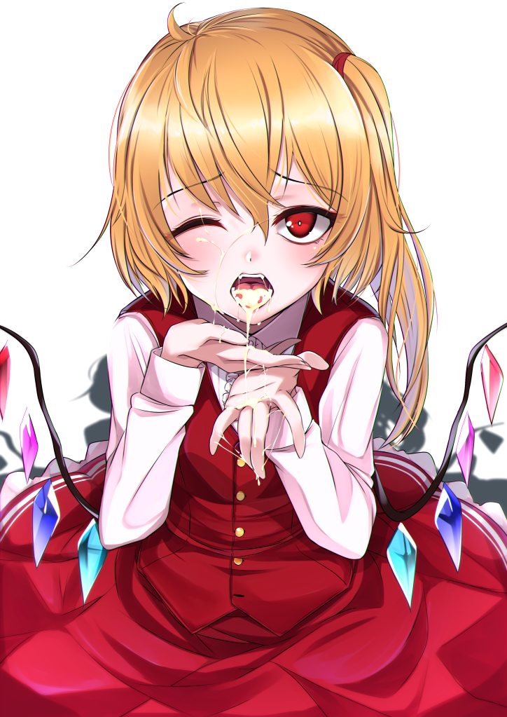 bangs blonde_hair blush cowboy_shot crystal cum cum_in_mouth eyebrows_visible_through_hair facial fangs female flandre_scarlet hair_between_eyes hands_up long_hair long_sleeves no_hat no_headwear one_eye_closed open_mouth paburisiyasu petticoat red_eyes red_skirt red_vest shirt side_ponytail simple_background skirt skirt_set solo touhou vest white_background white_shirt wings