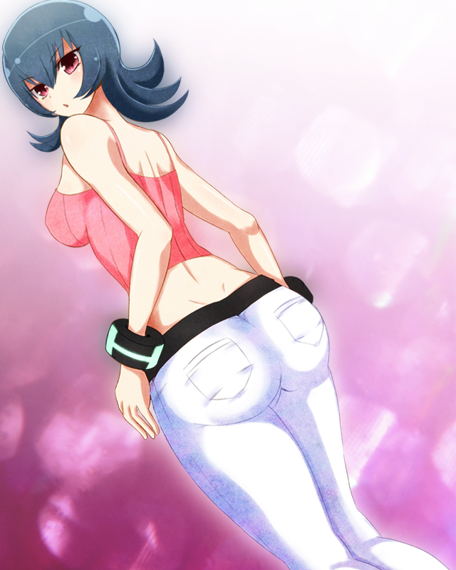 1girls, artist request, ass, back, bare shoulders, belt, big ass, big butt, black hair, bracelet, breasts, female, female only, human, human only, long hair, nintendo, pants, pink eyes, pokemon, pokemon gsc, pokemon rgby, purple background, sabrina (pokemon hgss), sabrina (pokemon), shirt, sideboob, source request, standing, thick thighs, white background, white pants, wide hips