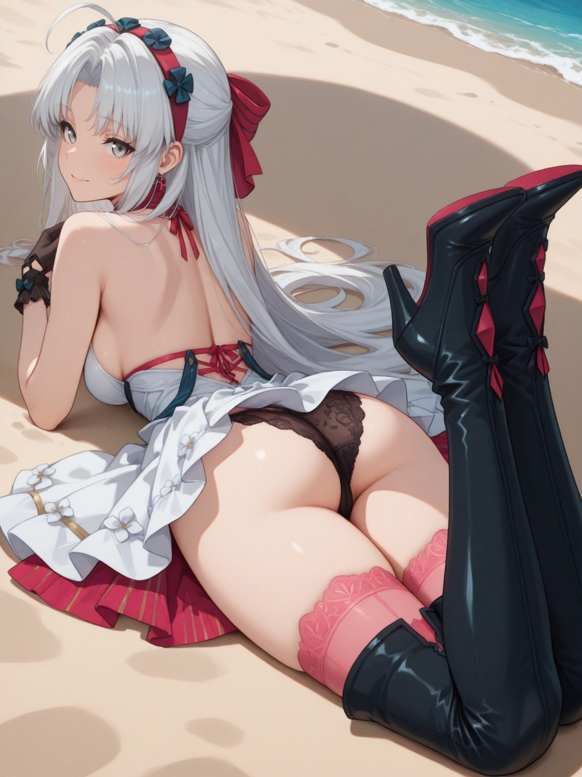 ai generated, ass, ass focus, big ass, big booty, big butt, black panties, carlotta (wuthering waves), female, fully clothed, laying on stomach, legs up, looking at viewer, wuthering waves