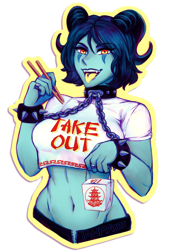 1girls, blue hair, blue skin, bound, chained, chains, chopsticks, demon, female, horns, iahfy, piercing, piercings, png, succubus, tongue, tongue out, tongue piercing, yellow tongue