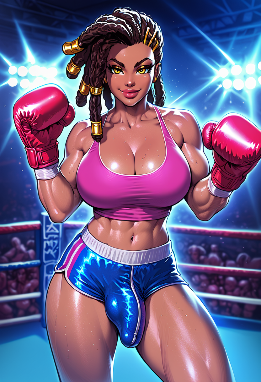 1futa abs ai_generated biceps big_breasts black_hair boxing_gloves boxing_ring breasts bulge cleavage clothed crowd dark-skinned_futanari dark_skin depth_of_field detailed_background detailed_bulge dreadlocks futa_only futanari hair_ornament indoors large_breasts lips looking_at_viewer midriff muscles muscular muscular_futanari muscular_thighs penis_outline penis_under_clothes phoenixeugene pose posing posing_for_the_viewer revealing_clothes self_upload shorts smile solo solo_focus solo_futa spectators stable_diffusion standing sweat tank_top thick_thighs thighs yellow_eyes