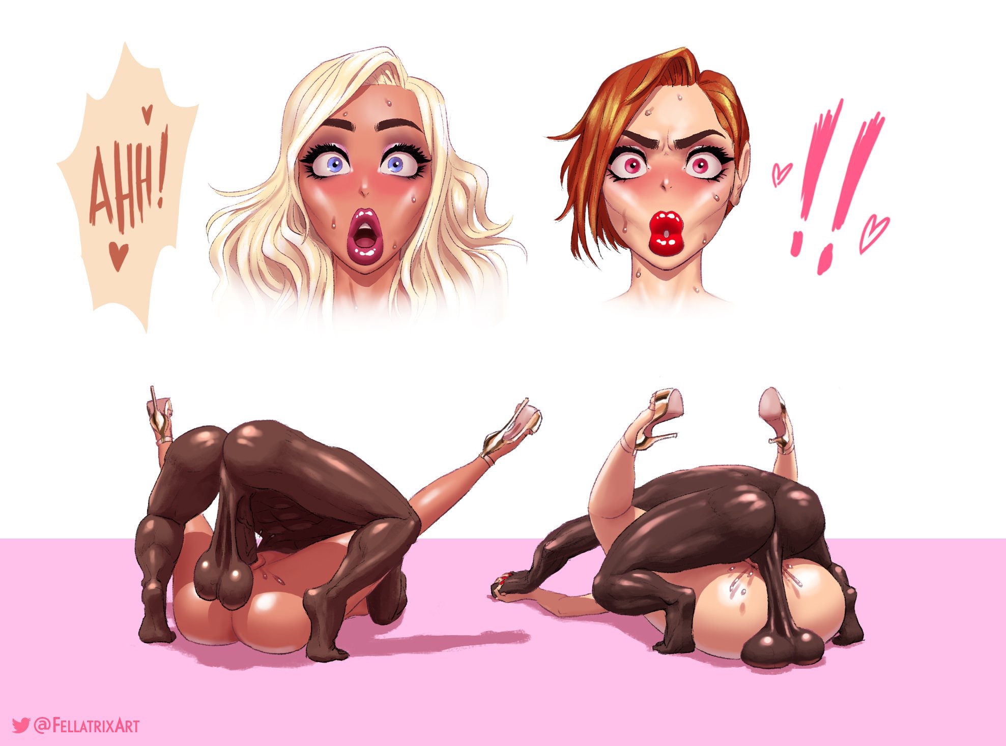 2boys, 2girls, ahe gao, amber (fellatrix), ass, balls, balls deep, big penis, bimbo, blonde hair, brittany (fellatrix), dangling balls, dangling testicles, dark skin, dark-skinned male, eyeshadow, fellatrix, female, ginger, ginger hair, high heels, huge ass, huge balls, huge cock, huge penis, interracial, light skin, light-skinned female, lipstick, makeup, male, mating press, missionary, missionary position, moaning, naked footwear, naked heels, naked with shoes on, naughty face, open toe shoes, original, pale skin, pale-skinned female, penis, pussy, red hair, redhead, rough sex, sagging balls, seductive, sex, stiletto heels, straight, tan skin, tan-skinned female, testicles, thick thighs, vaginal penetration, very high heels