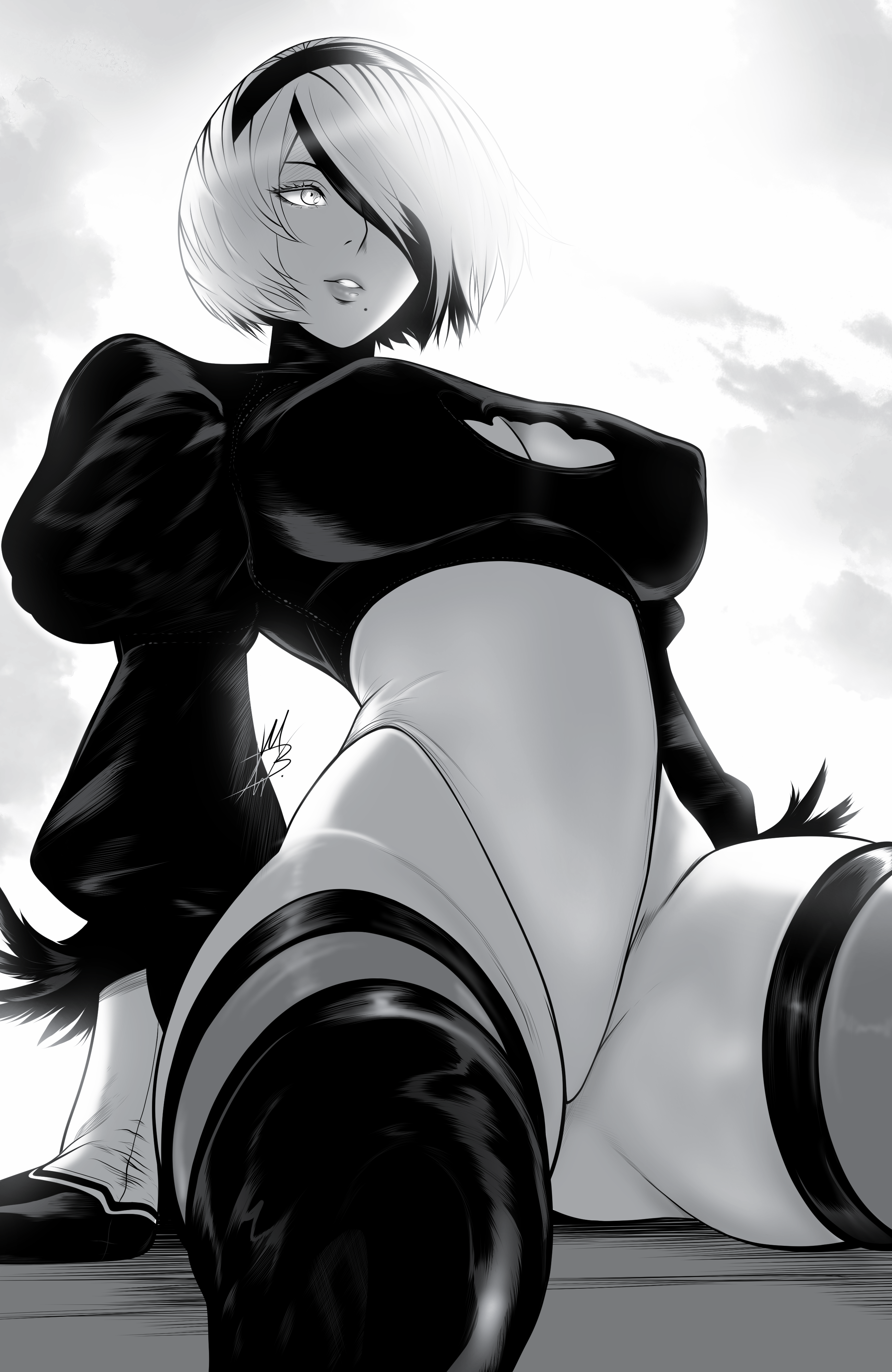 1girls, bare thighs, big breasts, breasts, clothed, clothing, female, female focus, female only, hi res, large breasts, light skin, light-skinned female, mostlybluewyatt, nier: automata, nipples visible through clothing, short hair, solo, solo female, tagme, thick thighs, white hair, yorha 2b