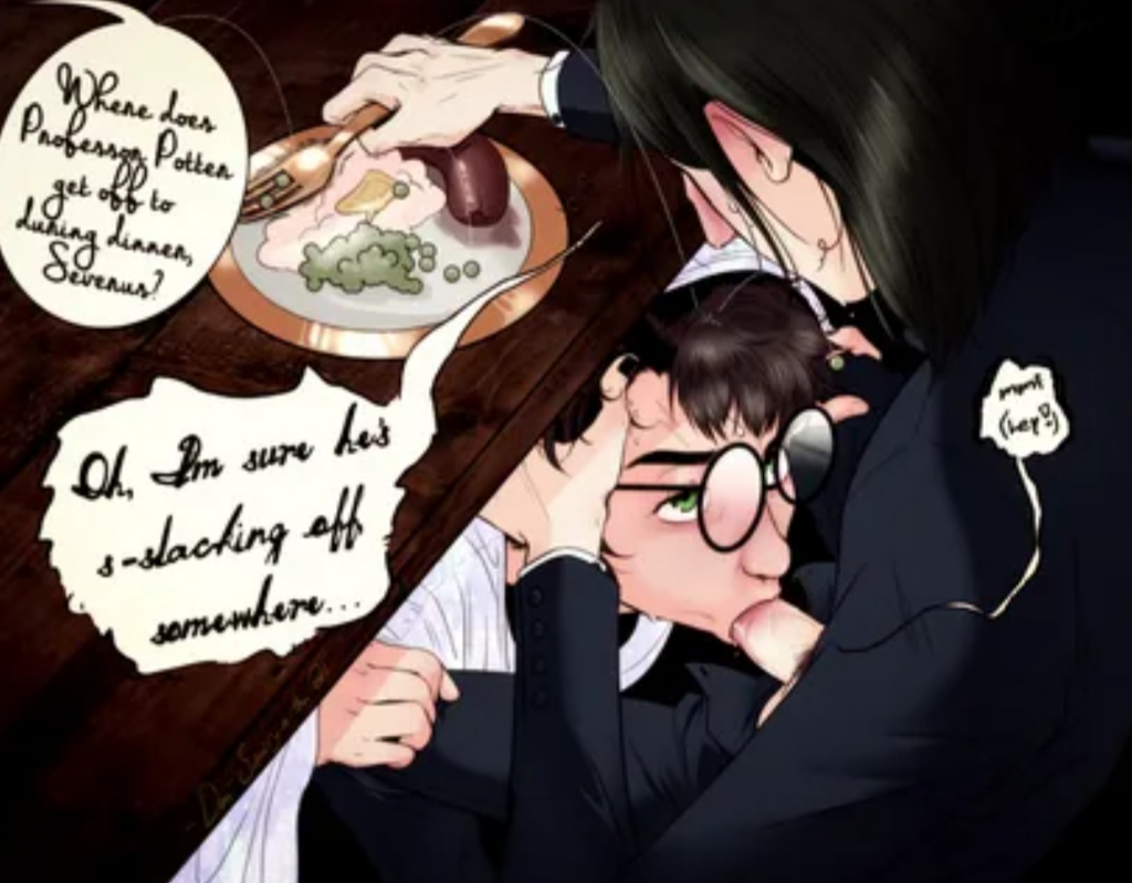 black_hair blowjob blowjob_under_table brunette_hair dialogue faceless_male fictional food fork gay gay_blowjob glasses green_eyes gripping_hair harry_james_potter harry_potter hogwarts long_hair male/male muffled offscreen_character severus_snape teacher_and_student