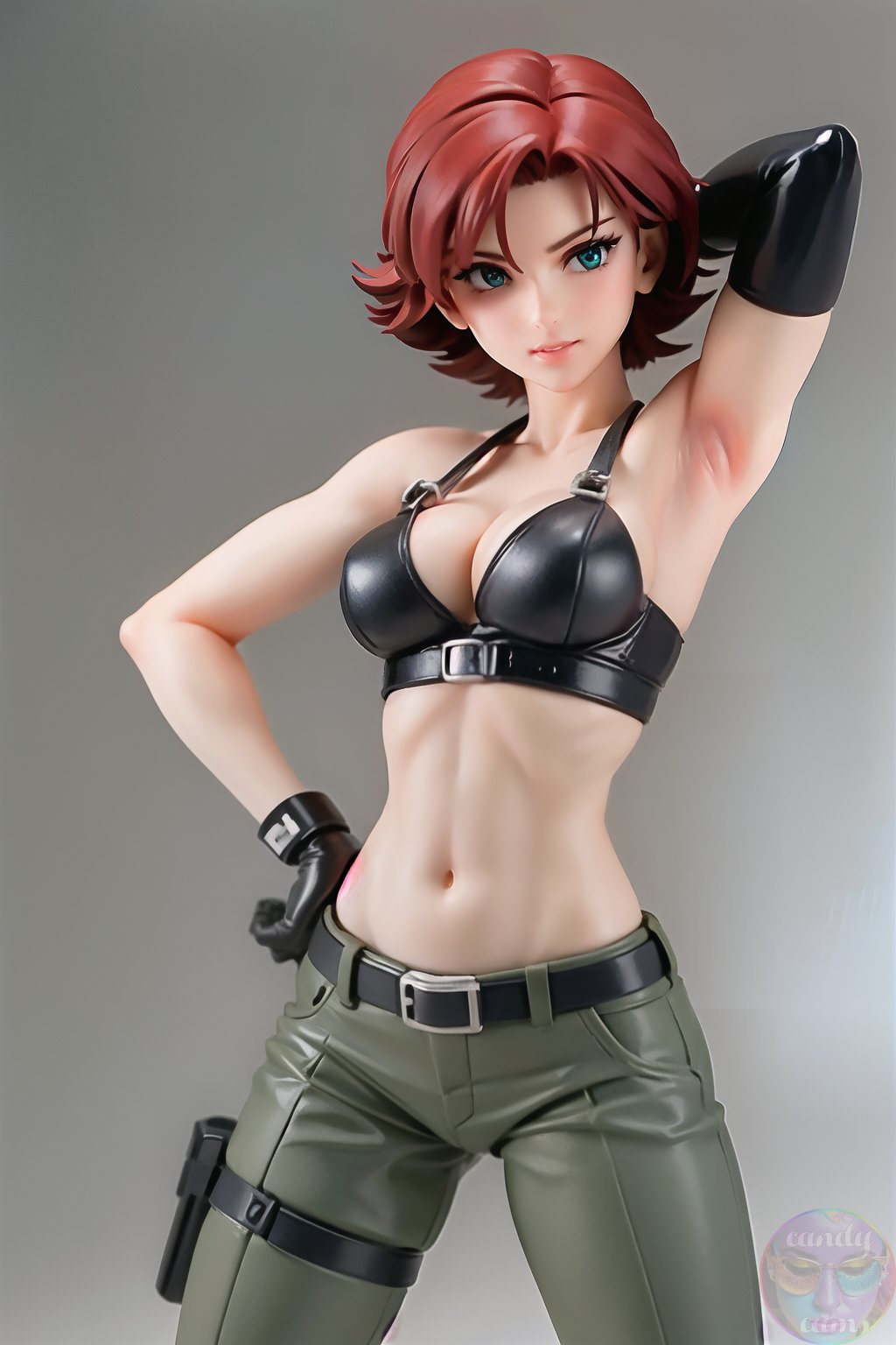 action_figure ai_generated aqua_eyes arm_up black_bra black_gloves female female_only gloves grey_background hand_behind_head hand_on_hip light-skinned_female meryl_silverburgh metal_gear metal_gear_solid one_arm_up pants red_hair shaved_armpit short_hair slim_waist solo tagme video_game video_game_character video_games