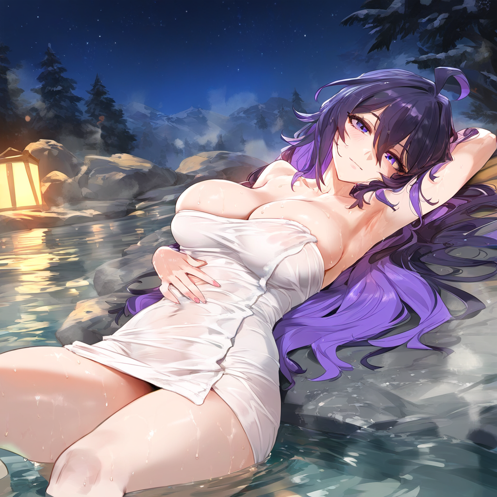 1girls ahoge ai-created ai_generated arm_behind_head armpits bangs bare_shoulders bathing blush breasts clavicle cleavage closed_mouth completely_nude covered_navel curvaceous curvaceous_female curvaceous_figure curvy curvy_figure female female female_focus hair_between_eyes honkai:_star_rail lantern large_breasts long_hair looking_at_viewer lying multicolored_hair naked_towel night night_sky on_back onsen outdoors partially_submerged purple_eyes purple_hair rock seele_(honkai:_star_rail) sitting sky smile solo star_(sky) starry_sky steam thighs towel tree voluptuous voluptuous_female waifulover water wet