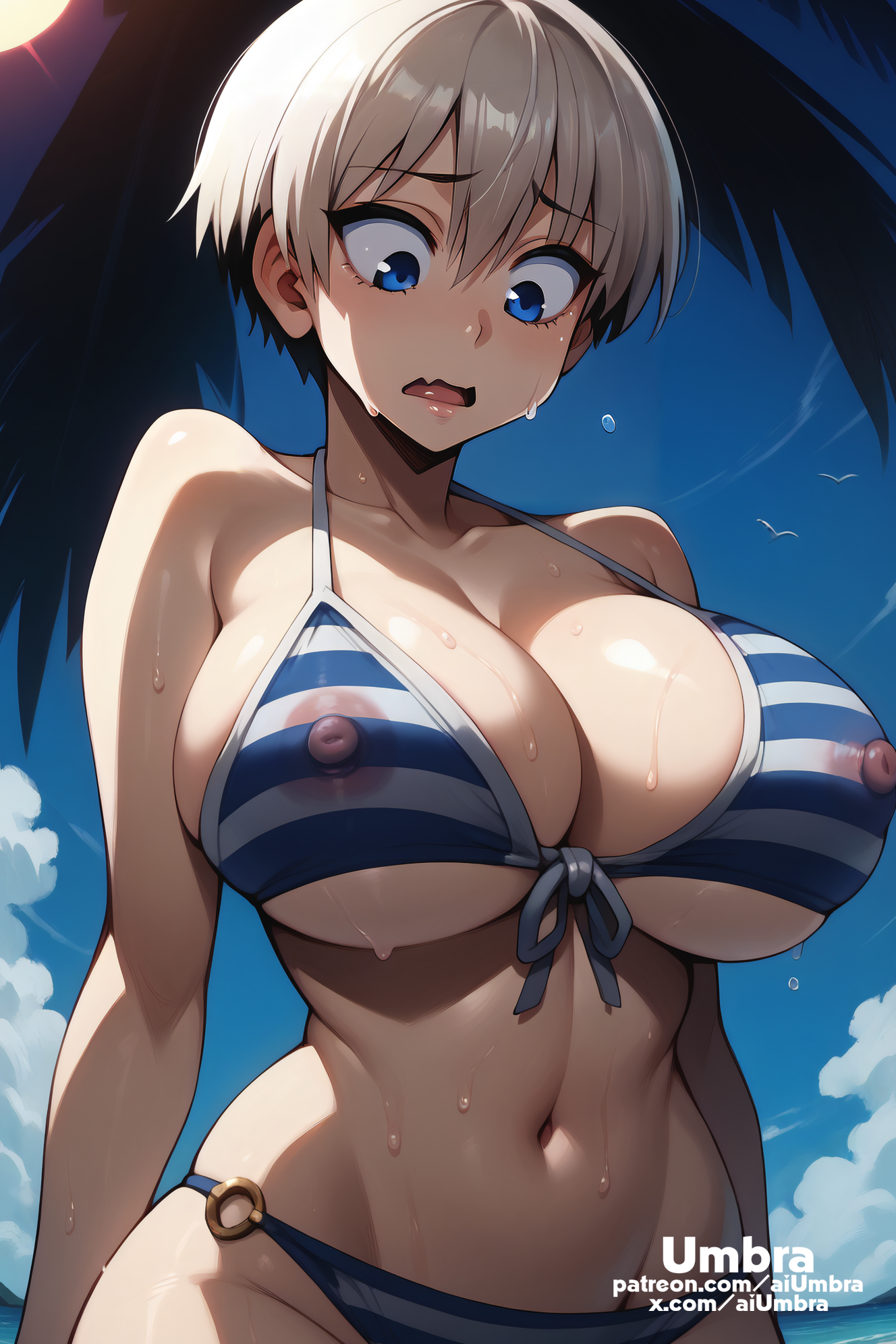 1girls, ai generated, aiumbra, beach, bikini, blue eyes, breasts, covered nipples, female, grey hair, high resolution, highres, huge breasts, large breasts, nipples, see-through, see-through clothing, self upload, stable diffusion, striped, striped clothing, uzaki hana, uzaki-chan wa asobitai!