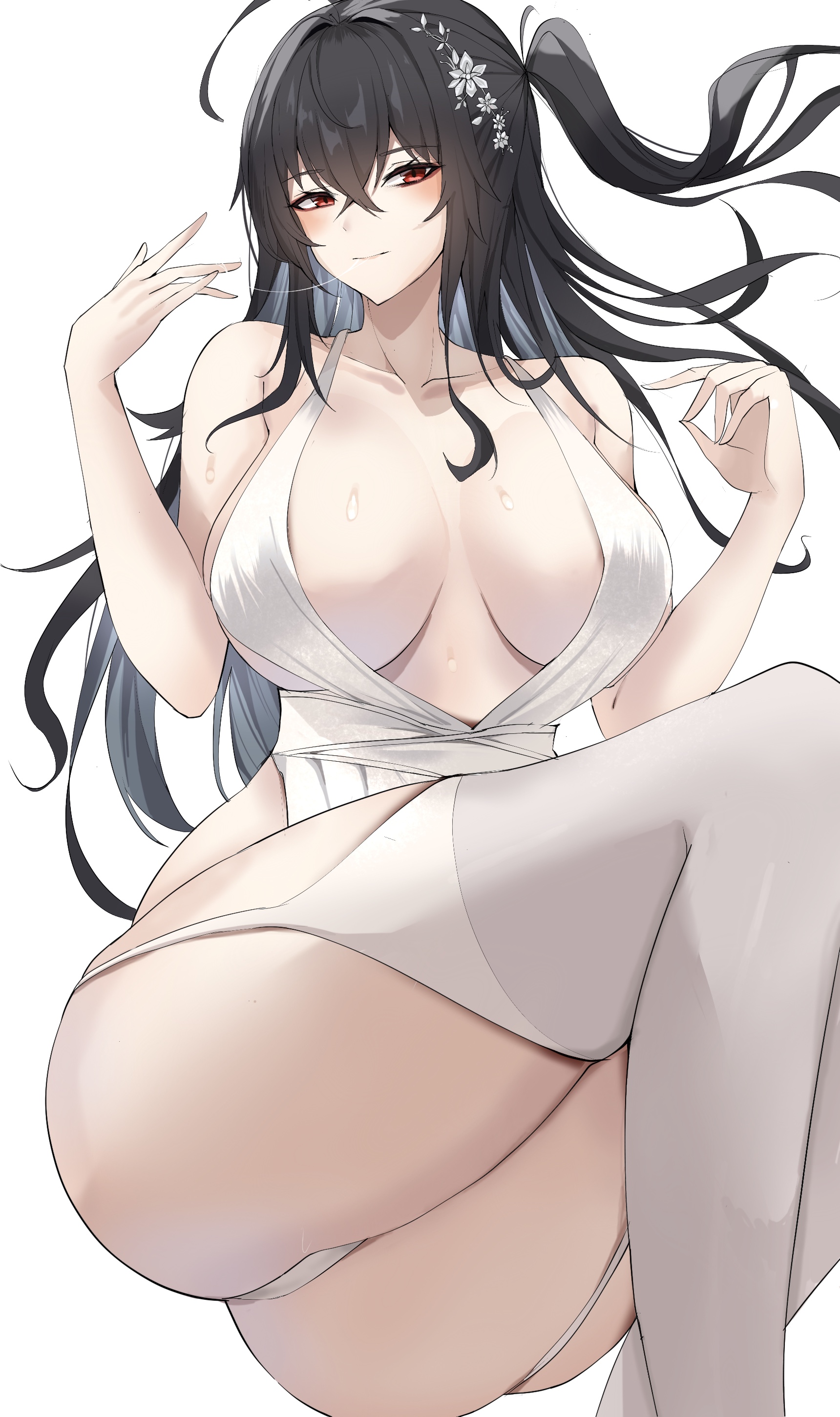absurdres, ass, azur lane, black hair, breasts, cleavage, clothing cutout, dress, female, hair between eyes, hair ornament, highres, jewelry, kuro artis (kuru-kuru), large breasts, long hair, official alternate costume, red eyes, red hair, solo, taihou (azur lane), taihou (temptation on the sea breeze) (azur lane), thighhighs, thighs, very long hair, wedding dress, white dress, white thighhighs