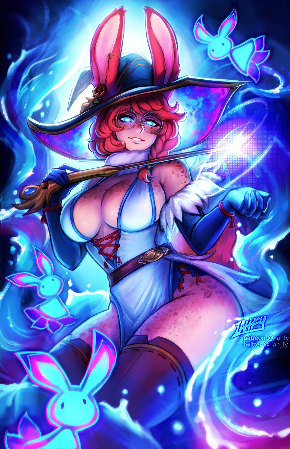 1girls artist_name aurora_(league_of_legends) blue_eyes braid breasts cleavage dress female female_only freckles glasses glowing_eyes highres iahfy large_breasts league_of_legends light-skinned_female light_skin orange_hair rabbit rabbit_ears rabbit_girl rabbit_humanoid round_glasses solo stockings thick_thighs thighhighs wand watermark witch_hat