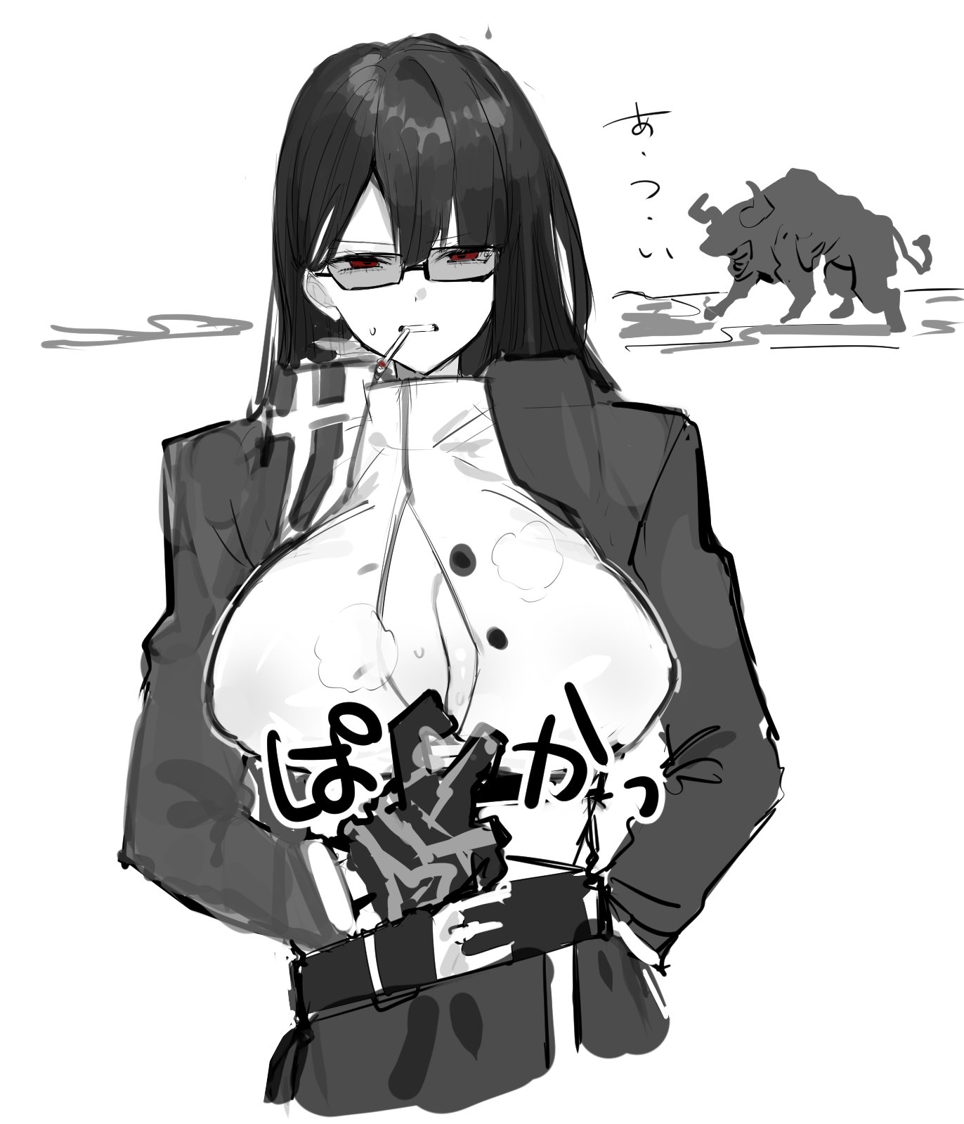 1girls, black hair, cigarette, cleavage, female, glasses, gloves, inviting, limbus company, long hair, monochrome, noroma u, open clothes, open shirt, project moon, red eyes, ryoshu (limbus company), sweatdrop