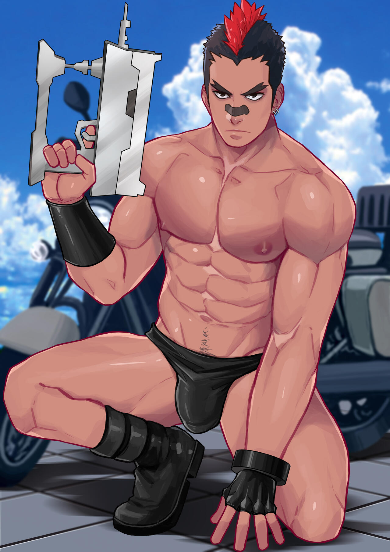 abs beefcake beefy black_bandages black_eyes black_pubes black_pubic_hair black_underwear boots bulge bulge_through_clothing bulge_under_clothes bushy_eyebrows cloud clouds cute_male ear_piercing ear_piercings fingerless_glove gun kill_la_kill kinagase_tsumugu male_only maorenc motorcycle mowhawk muscular muscular_arms muscular_male nose_bandage piercing piercings red_and_black_hair red_mohawk shaved_sides sky solo solo_focus solo_male tan_skin tanned_skin tiled_floor wristband