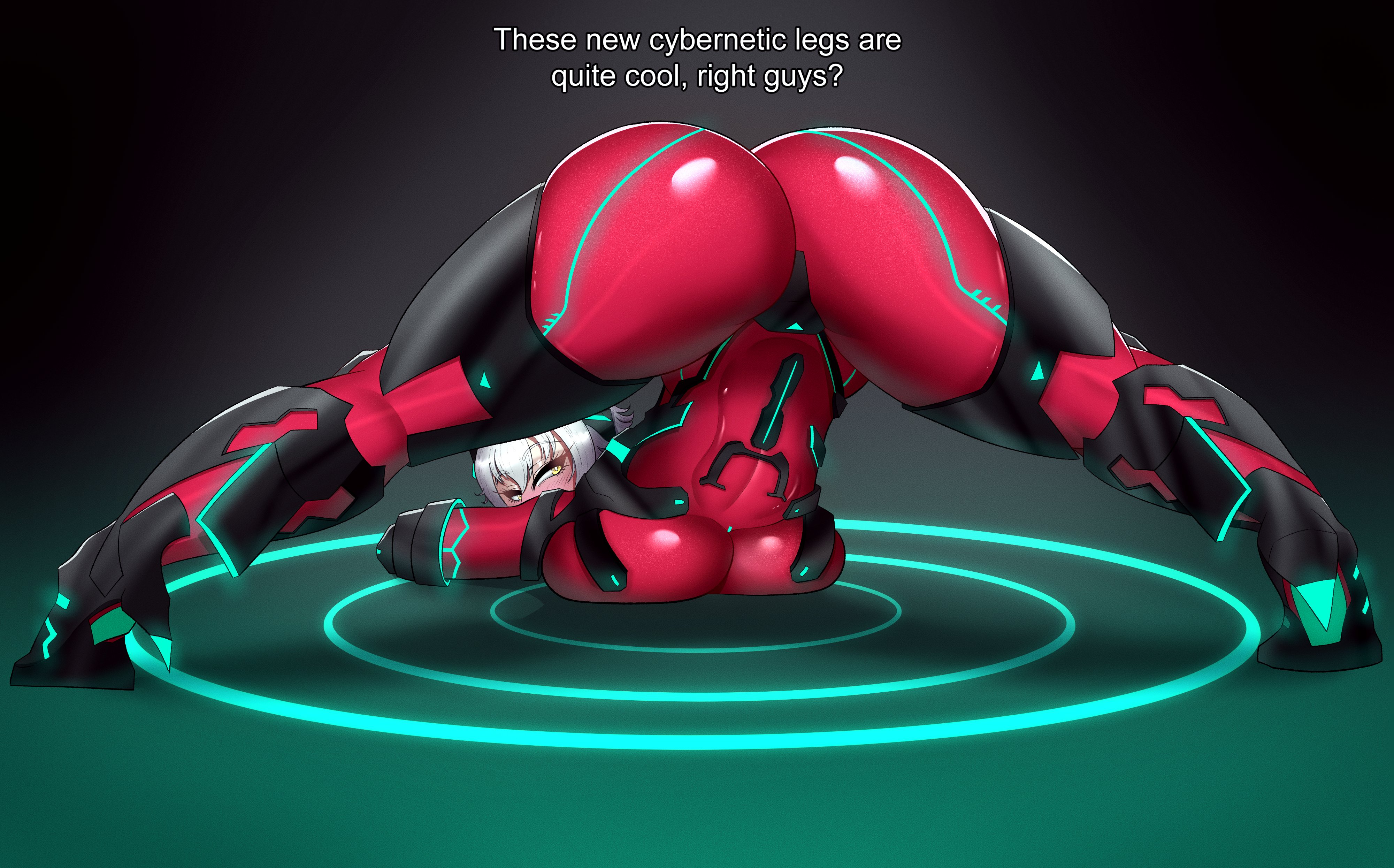 1girls, ass, ass focus, ass up, back view, big ass, bodysuit, breasts, cybernetics, cyborg, english text, female, female only, fully clothed, jack-o pose, large breasts, looking back, qiyarts, solo, spread legs, top-down bottom-up, virtual youtuber, vshojo, vtuber, white hair, zentreya, zentreya (cyborg)