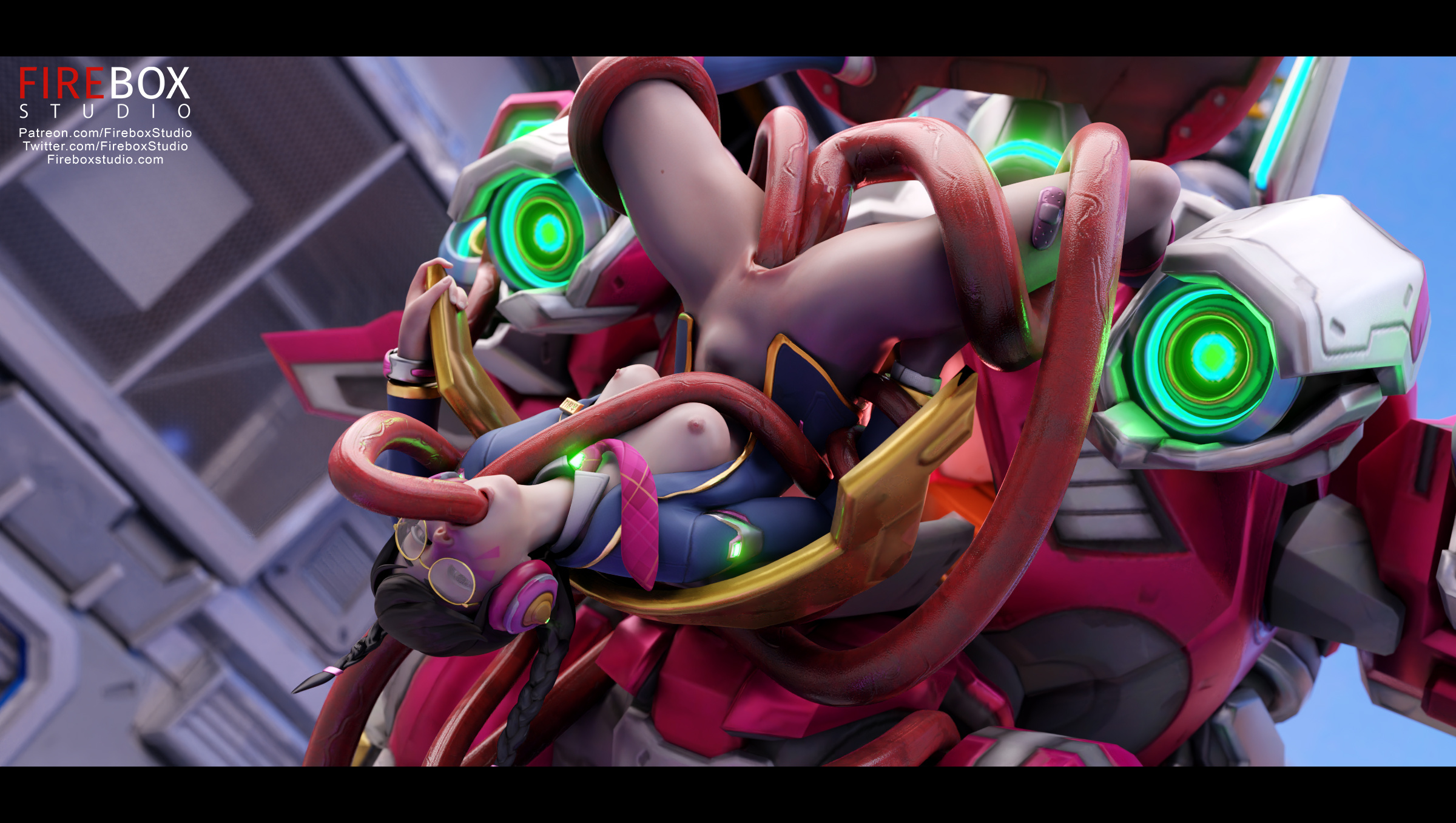 1girls, 3d, academy d.va, alternate costume, areolae, black hair, blazer, blizzard entertainment, bondage, bottomless, breasts, d.va, female, fireboxstudio, glasses, hana song, headset, horny, looking at viewer, medium breasts, meka, nipples, overwatch, pose, rape, restrained, school uniform, spitroast, spread legs, stomach bulge, suspension, tentacle, tentacle sex, tokki (overwatch), triple penetration, upside-down
