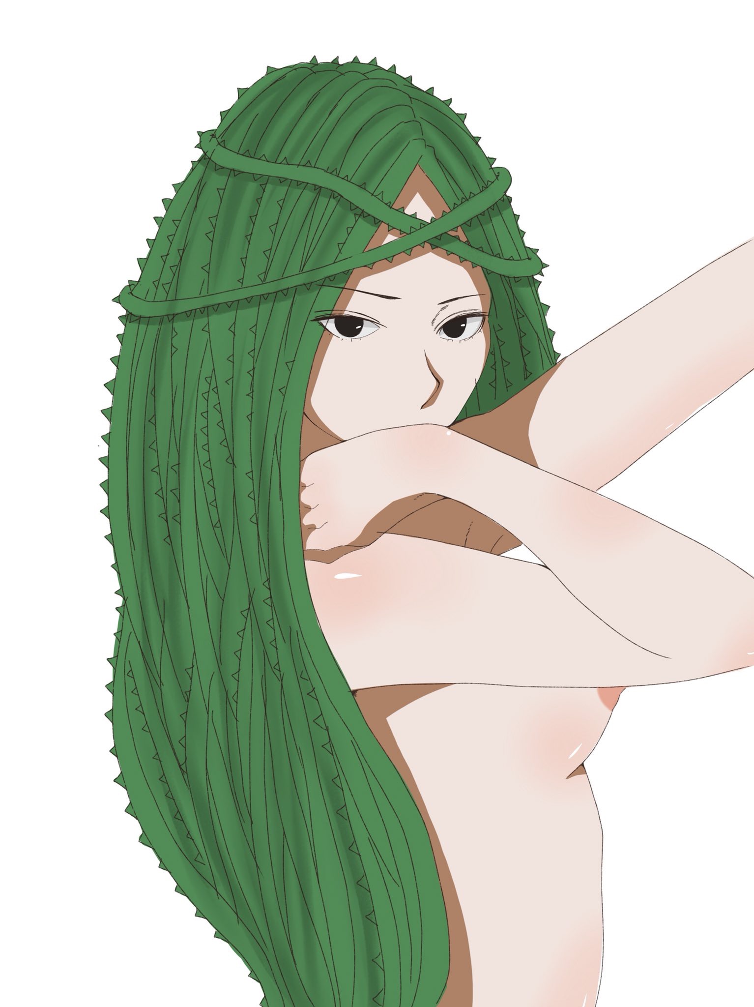 1girls, arm up, breasts, female, green hair, green-haired female, ibara shiozaki, light skin, light-skinned female, long hair, looking at viewer, my hero academia, nipples, shiozaki ibara, side view, sideboob, small breast, solo, standing, vine hair, vines