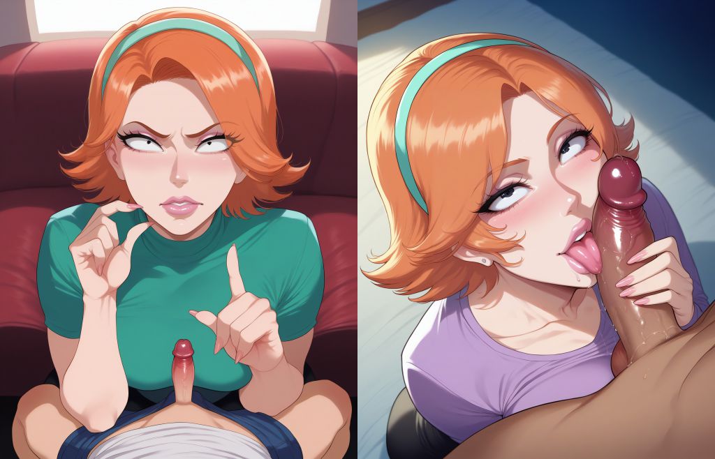 ai generated, blowjob, dark skin, dark-skinned male, female, green shirt, human, human female, human male, jessica (rick and morty), licking, licking penis, light skin, light-skinned female, light-skinned male, male, male/female, micropenis, partial male, penis, purple shirt, red hair, rick and morty, small penis, small penis humiliation, tongue