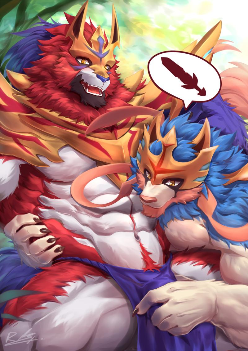 2019 2boys abs anthro anthrofied bara blue_fur bulge canine clothing detailed_background duo fundoshi fur japanese_clothing legendary_pokémon looking_at_viewer male male_only mammal multicolored_fur muscular muscular_male navel nintendo open_mouth pecs pokéball pokémon_(species) pokemon pokemon_ss rabbity red_fur signature smile two_tone_fur underwear video_games white_fur yellow_eyes zacian zamazenta