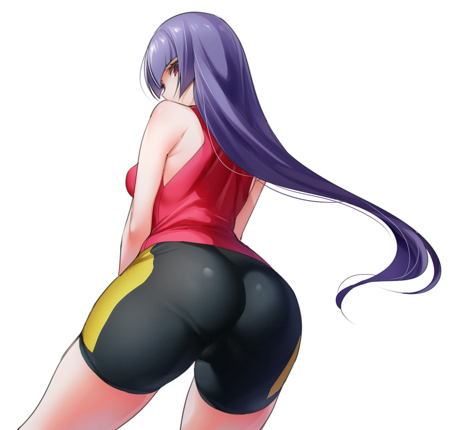 1girls akira_(natsumemo) ass bare_shoulders big_butt bike_shorts breasts butt cosplay female female_only fully_clothed hizuki_akira human human_only kris_(pokemon)_(cosplay) long_hair looking_at_viewer looking_back nintendo pokemon pokemon_gsc pokemon_rgby purple_hair red_eyes sabrina_(pokemon) shirt shorts source_request thick_thighs thigh_gap wide_hips