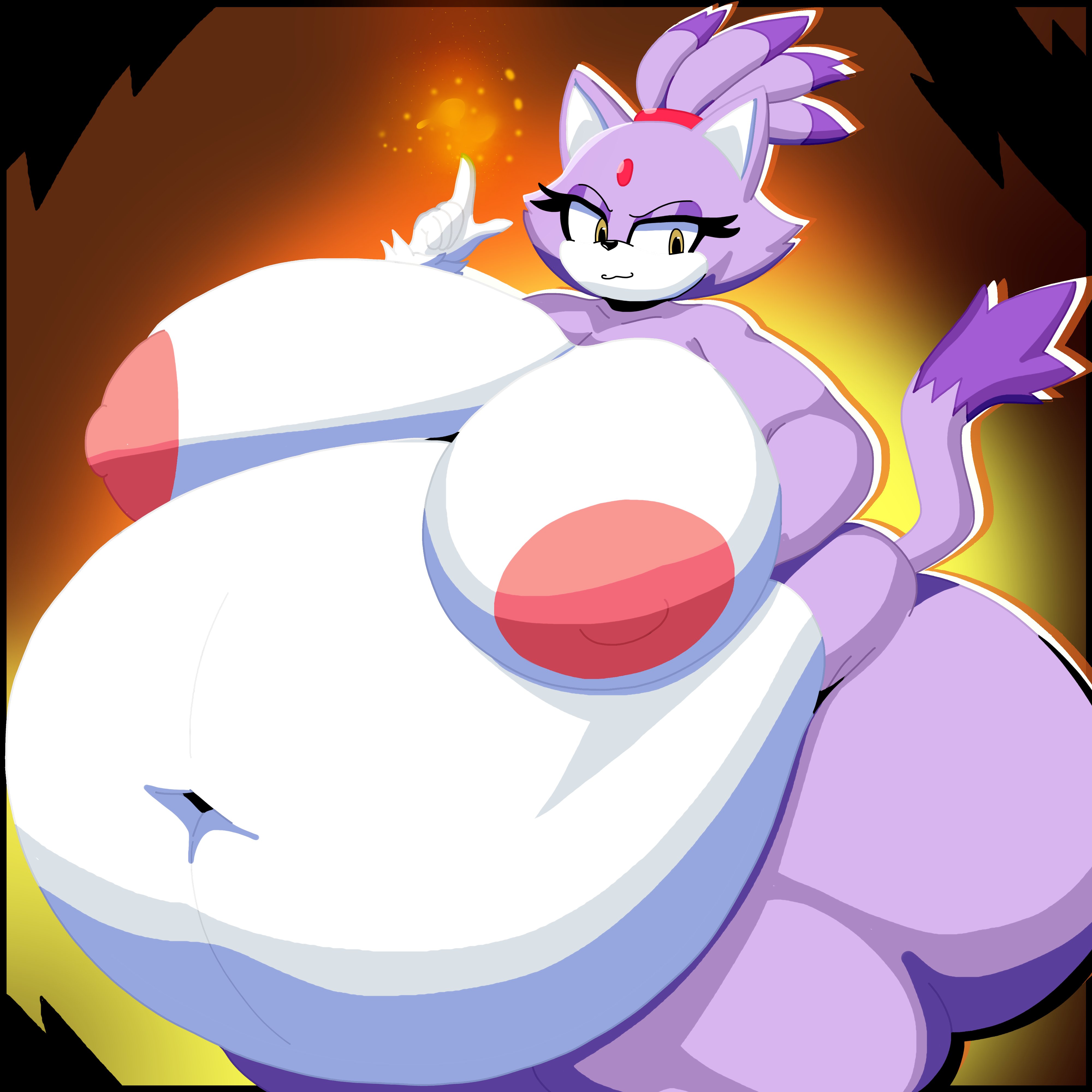 1girls, 5 fingers, anthro, areolae, bbw, belly overhang, big areola, big belly, big breasts, big nipples, blaze the cat, breasts, cat girl, countershade torso, countershading, eyelashes, fat, fat female, fat fur, fatfur, female, female only, fire, furry, gem, gem on forehead, gloves, gluteal fold, hair ornament, half-closed eyes, hand under breast, looking down, love handles, mascara, mobian (species), muffin top, naked, naked female, navel, nipples, nude, nude female, obese, obese female, overweight, overweight female, pink nipples, purple body, purple fur, sagging breasts, sega, skinny face, smirk, solo, sonic (series), sonic the hedgehog (series), supbunny ly, tail, thick thighs, two-tone body, two-tone fur, white body, white fur, yapbunny