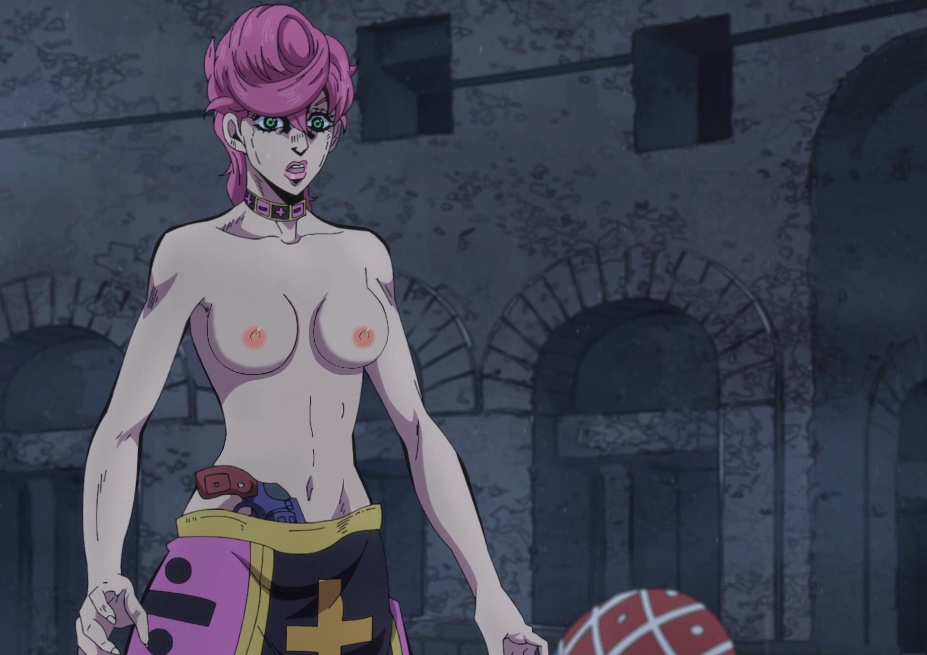 1boy, 1girls, body swap, breasts, canon bodyswap, canon genderswap, david productions, edit, female, guido mista, jojo's bizarre adventure, long skirt, male, nipples, pink hair, possession, skirt, topless, topless female, trish una, trish una (mista), vento aureo, worldian