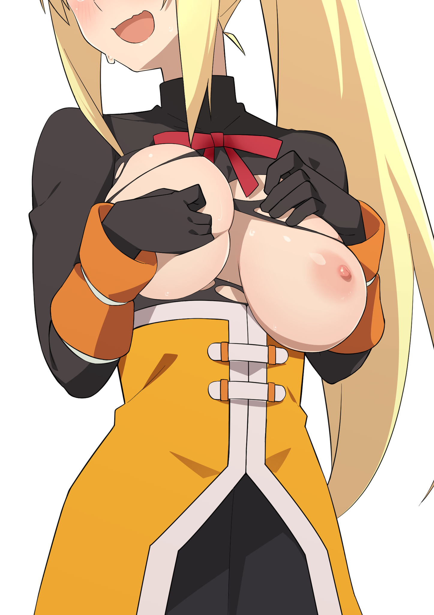 1girls, blonde hair, blush, breasts, breasts out, darkness (konosuba), female, female only, kono subarashii sekai ni shukufuku wo!, large breasts, long hair, looking to the side, morisobo, solo, torn clothes, white background