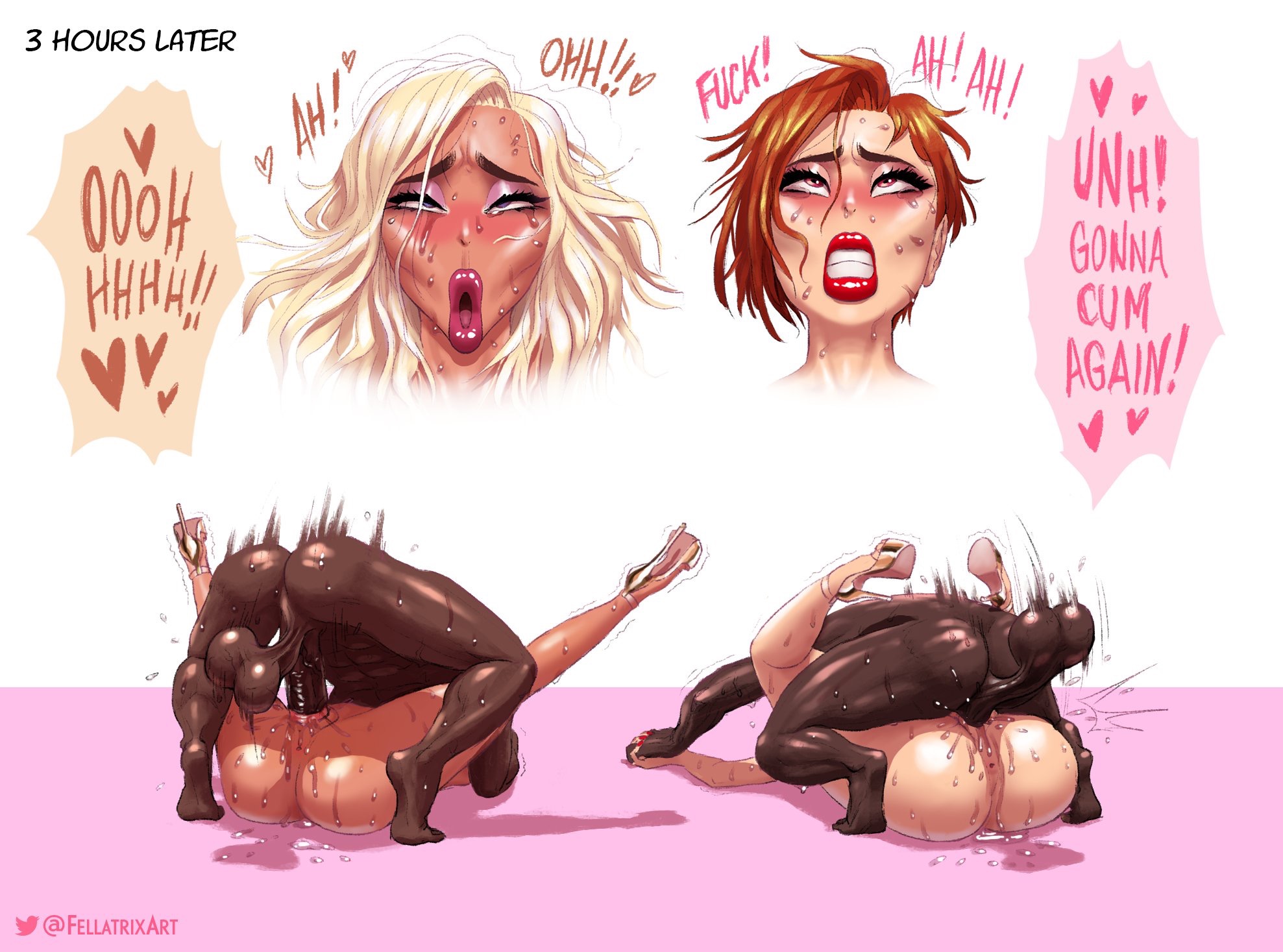 2boys, 2girls, ahe gao, amber (fellatrix), ass, balls, big penis, bimbo, blonde hair, brittany (fellatrix), clenched teeth, dangling balls, dangling testicles, dark skin, dark-skinned male, eyeshadow, fellatrix, female, ginger, ginger hair, high heels, huge ass, huge balls, huge cock, huge penis, interracial, lipstick, makeup, male, mating press, missionary, missionary position, moaning, naked footwear, naked heels, naked with shoes on, naughty face, open toe shoes, orgasm, original, penis, pounding, pussy, pussy juice, red hair, redhead, rough sex, sagging balls, screaming, seductive, sex, stiletto heels, straight, sweat, testicles, thick thighs, vaginal penetration, very high heels, wet pussy