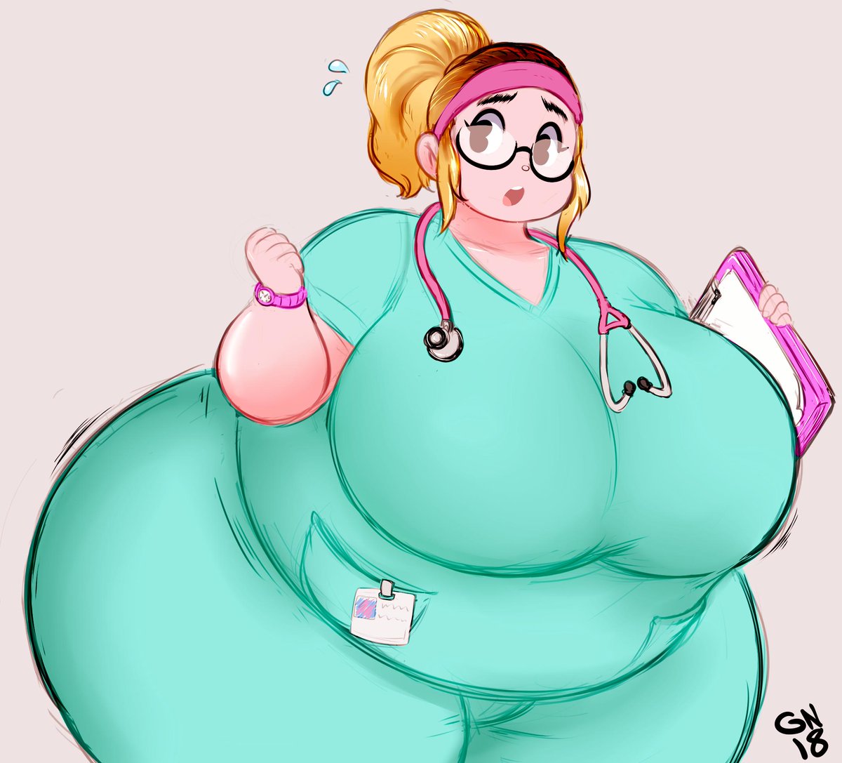 2018, ass, big breasts, breasts, chubby, dyed hair, female, gammanaut, glasses, huge ass, ida (gammanaut), nurse, nurse uniform, obese, ponytail, stethoscope