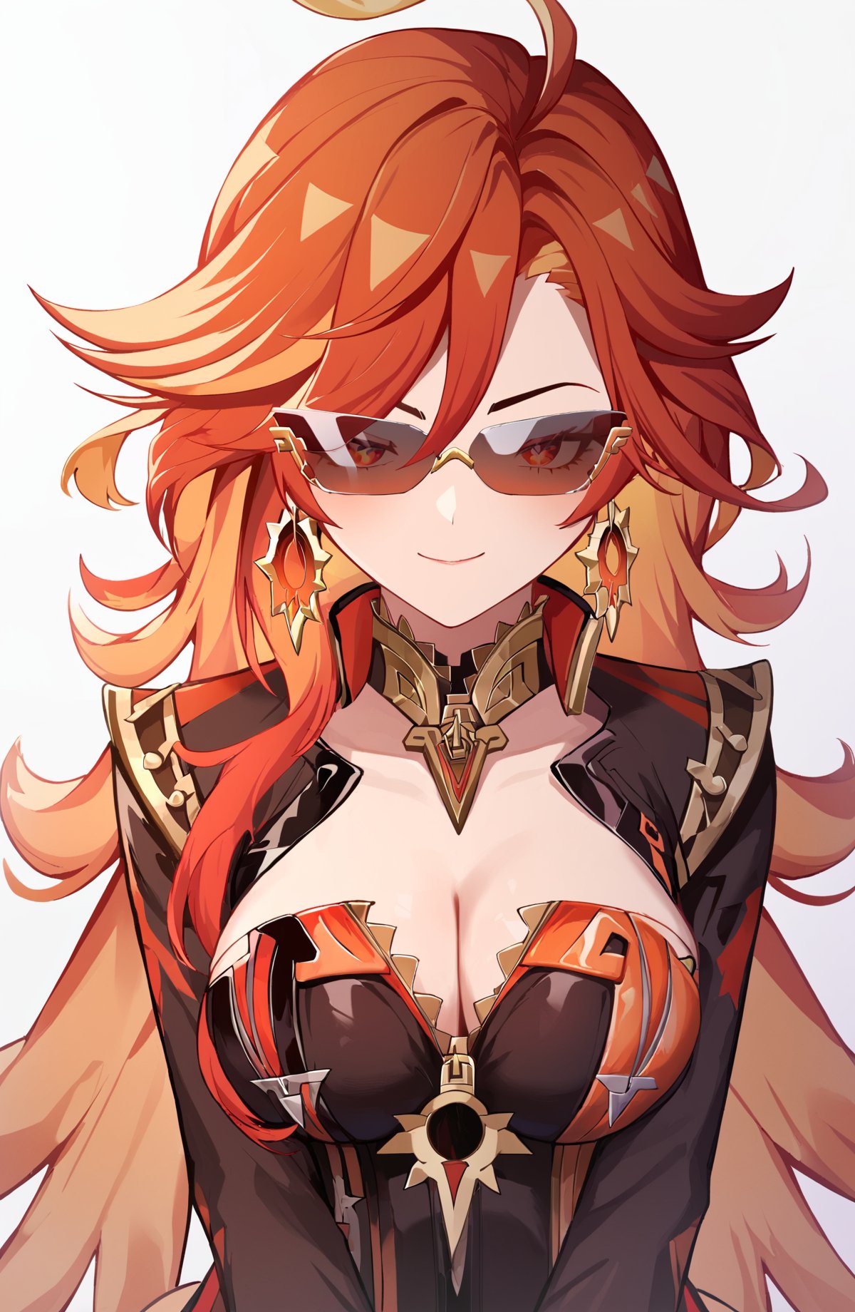 ahoge, ai generated, bare shoulders, breasts, cleavage, collarbone, eyewear on head, female, genshin impact, highres, large breasts, long hair, mavuika (genshin impact), orange eyes, red hair, solo, strapless, sunglasses, upper body, very long hair