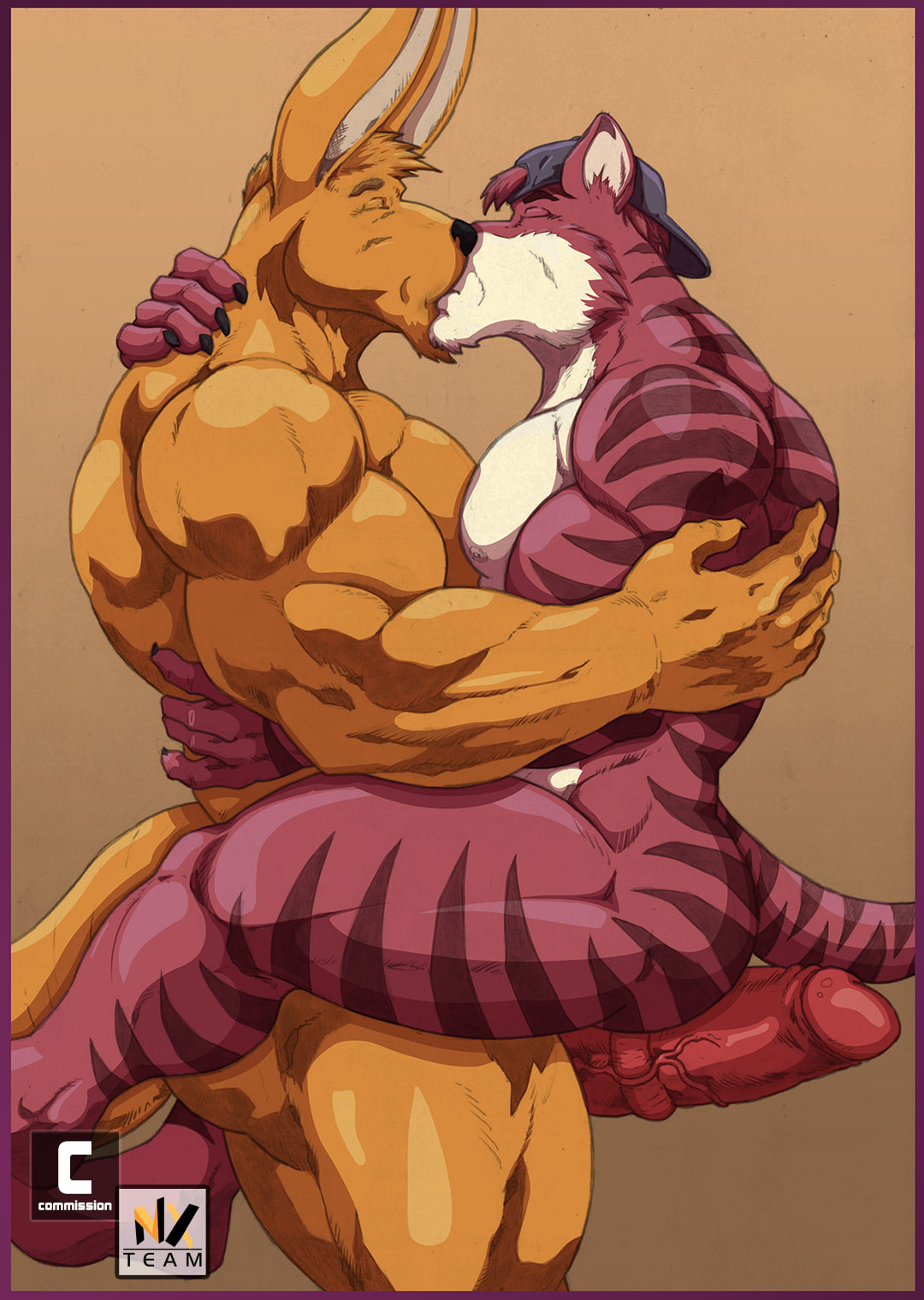 anthro biceps black_hair black_hair_bottom blonde_hair blonde_hair_on_black_hair blonde_hair_top domination duo felid furry gay genitals hi_res hybrid kangaroo kissing light_hair_on_dark_hair macropod male mammal marsupial muscular muscular_anthro muscular_male nexus pantherine pecs penis semple tail vein veiny_penis