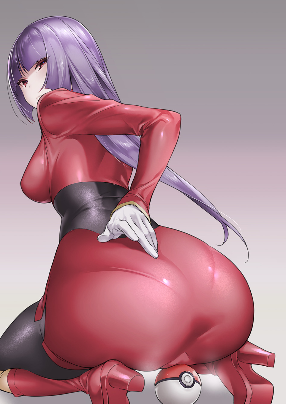 1girls akira_(natsumemo) back big_butt boots breasts butt cameltoe female female_only fully_clothed gloves high_heel_boots hizuki_akira human human_only kneeling large_breasts long_hair nintendo poke_ball pokemon pokemon_frlg pokemon_gsc pokemon_hgss pokemon_rgby purple_hair red_eyes sabrina_(pokemon) skin_tight source_request thick thick_ass wide_hips