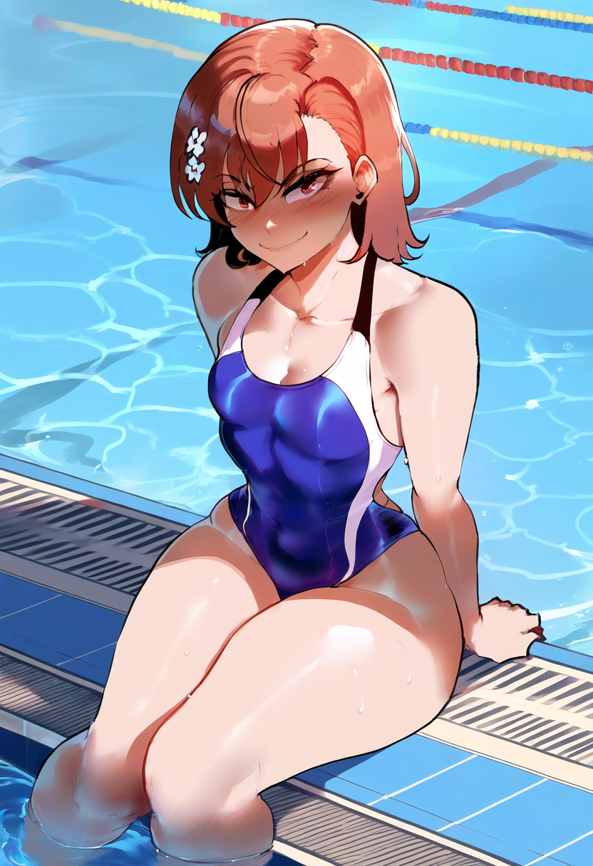 1girls ai_generated blush brown_eyes brown_hair flower_in_hair hair_ornament huge_ass misaka_mikoto pool small small_breasts solo solo_female swimsuit thiccwithaq_(ai_style) thick_thighs tight_clothing to_aru_kagaku_no_railgun to_aru_majutsu_no_index