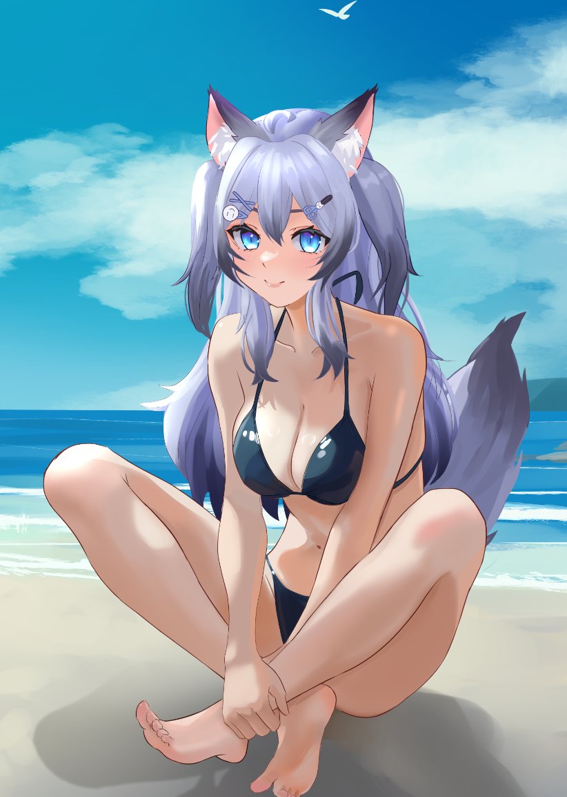 1girls 2d 2d_(artwork) alternate_costume animal_ears animal_tail beach belly_button bikini bikini_bottom bikini_top black_bikini black_bikini_bottom black_bikini_top black_hair black_swimsuit blue_eyes bra cleavage clouds day dog_ears dog_girl dog_tail estebaneishon1 female female_focus female_only front_view grey_hair indie_virtual_youtuber light-skinned_female light_skin long_hair looking_at_viewer medium_breasts navel ocean outdoors sand sitting sitting_on_ground sitting_on_sand sky slim_girl smiling smiling_at_viewer solo solo_female solo_focus summer swimsuit thong thong_bikini two_piece_swimsuit two_tone_hair virtual_youtuber vtuber vtuberfanart water young younger_female yukine_olwin