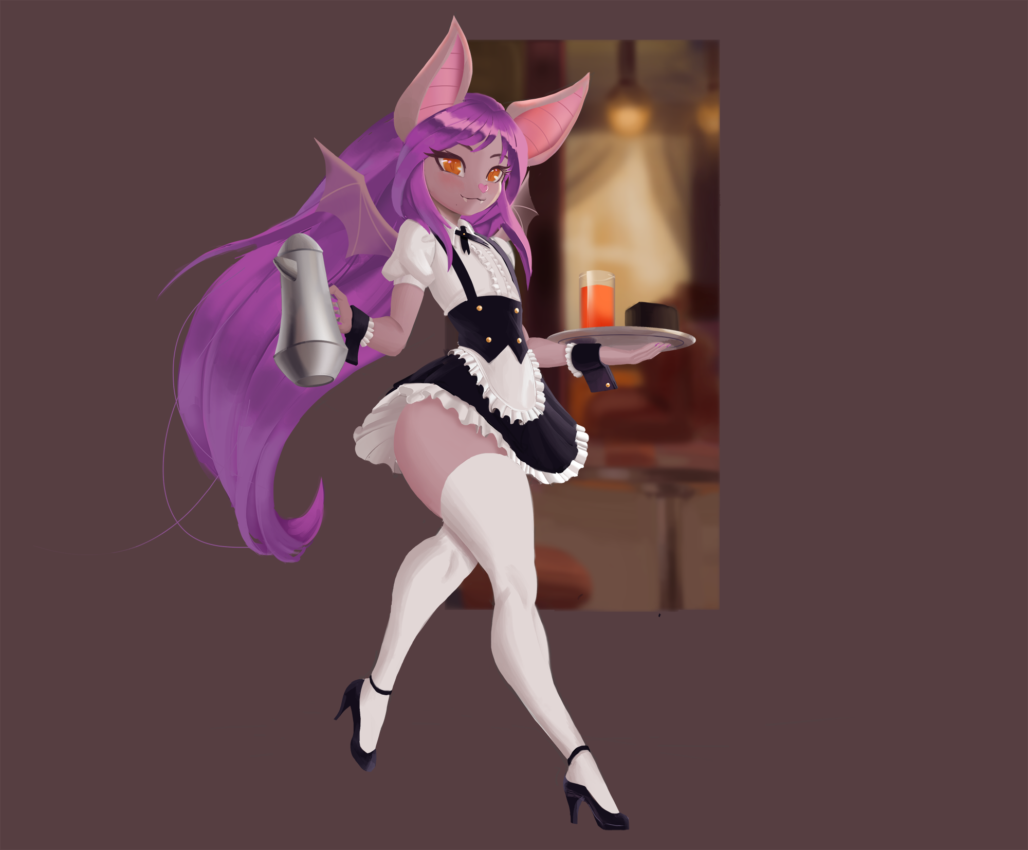 1boy, anthro, anthrofied, bat, bat nose, bat wings, crossdressing, dclzexon, femboy, furry, furry only, girly, maid, maid outfit, maid uniform, male, male only, orange eyes, purple hair, trap