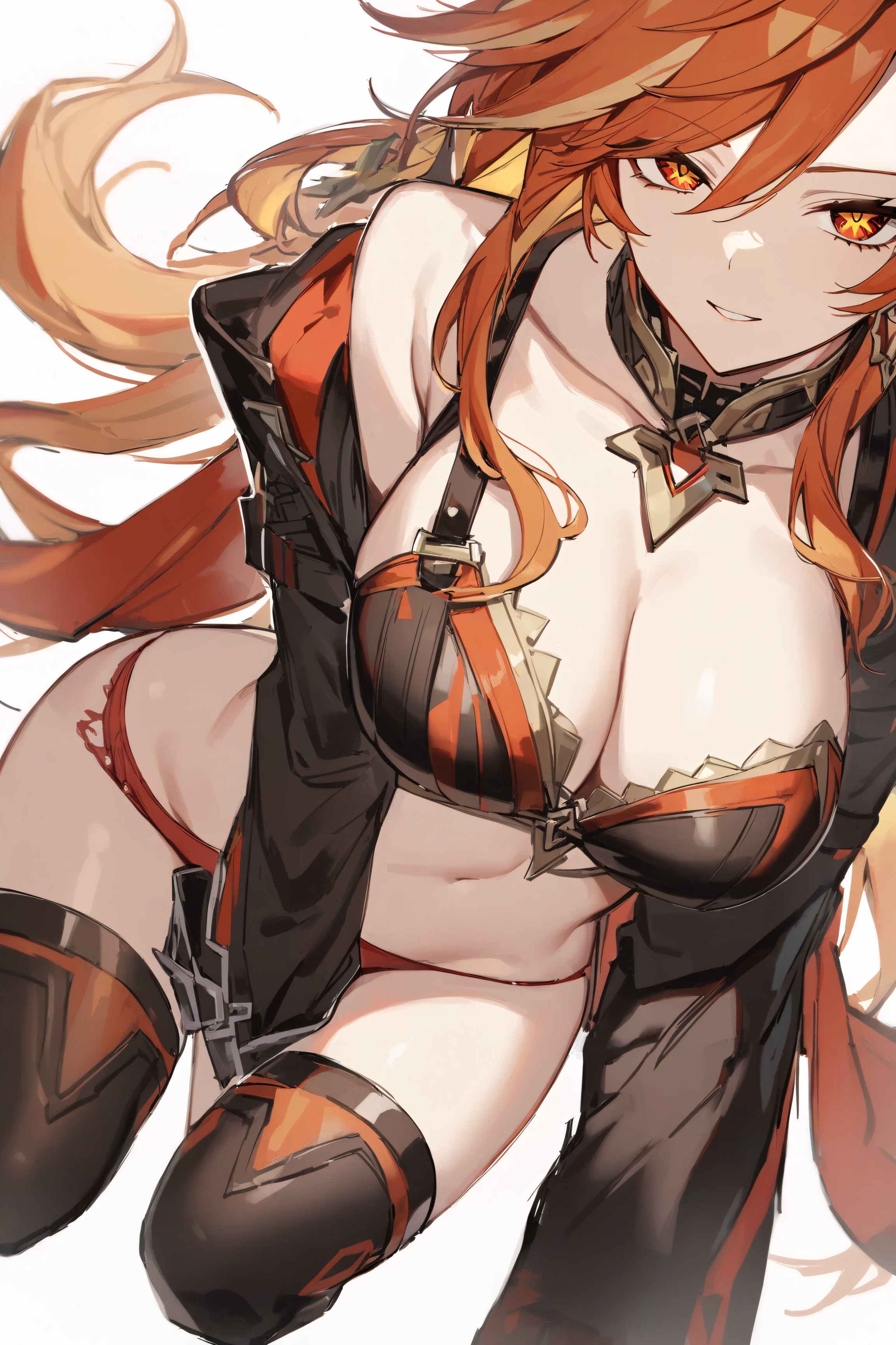 ai generated, ass, big ass, big breasts, breasts, female, female only, genshin impact, happy, long hair, mavuika (genshin impact), red hair, simple background, solo, solo female, thick thighs, thighhighs, thighs