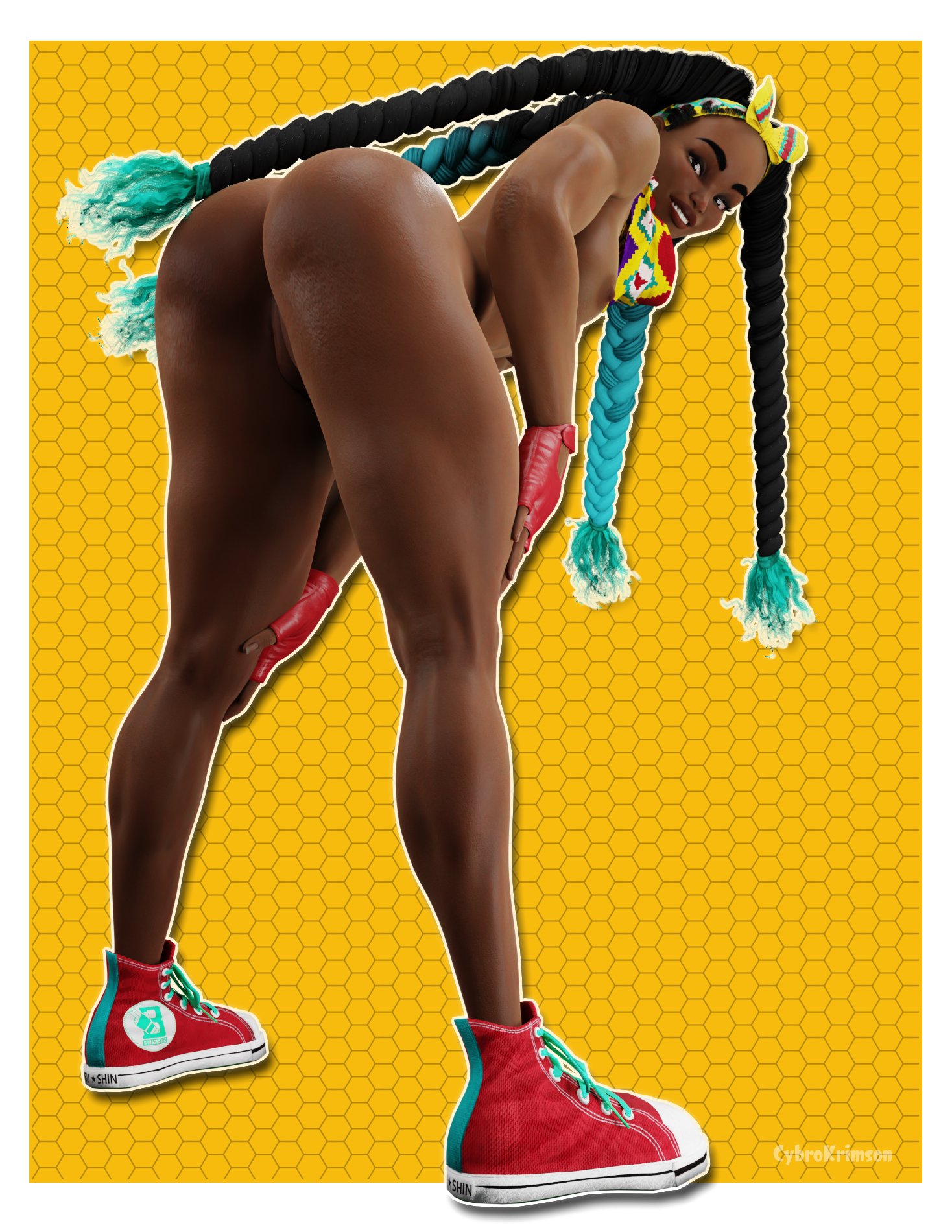 1girls, 3d, ass, bent over, black hair, braid, braided hair, braids, breasts, capcom, casual, cybrokrimson, dark skin, dark-skinned female, female, female only, footwear, handwear, handwear and footwear only, human, kimberly jackson, naked footwear, nipples, presenting, presenting hindquarters, solo, street fighter, street fighter 6