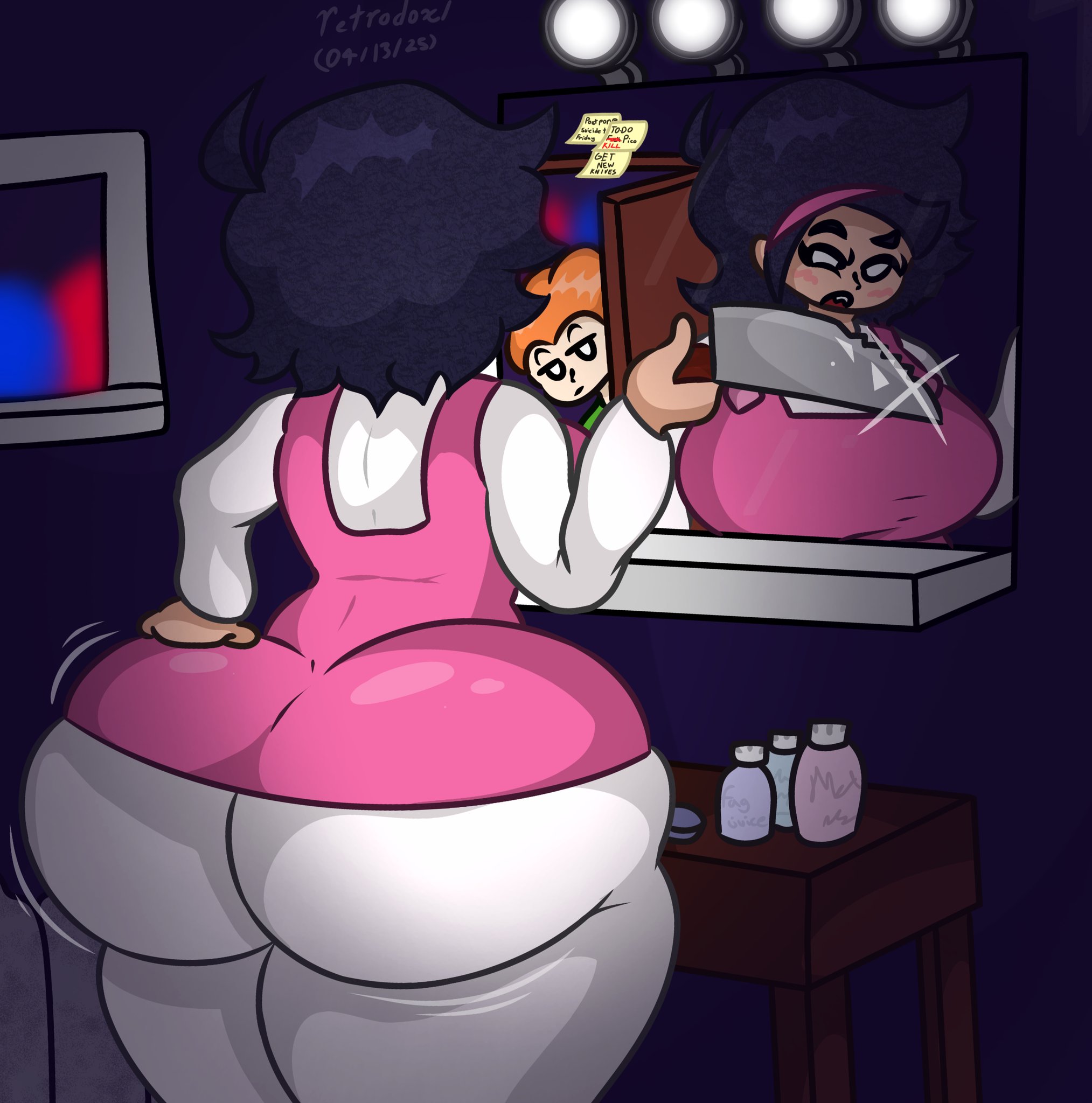 ass, ass bigger than head, ass focus, big ass, big breasts, big butt, breasts, bubble butt, busty, dark blue hair, fat ass, fat booty, fat breasts, fat butt, fat thighs, fat tits, female, friday night funkin, huge ass, huge booty, huge butt, huge thighs, jiggle, jiggling ass, jiggling butt, knife, mirror, nene (newgrounds), pico (newgrounds), pico's school, retrodoxl, thick, thick ass, thick thighs, thighs
