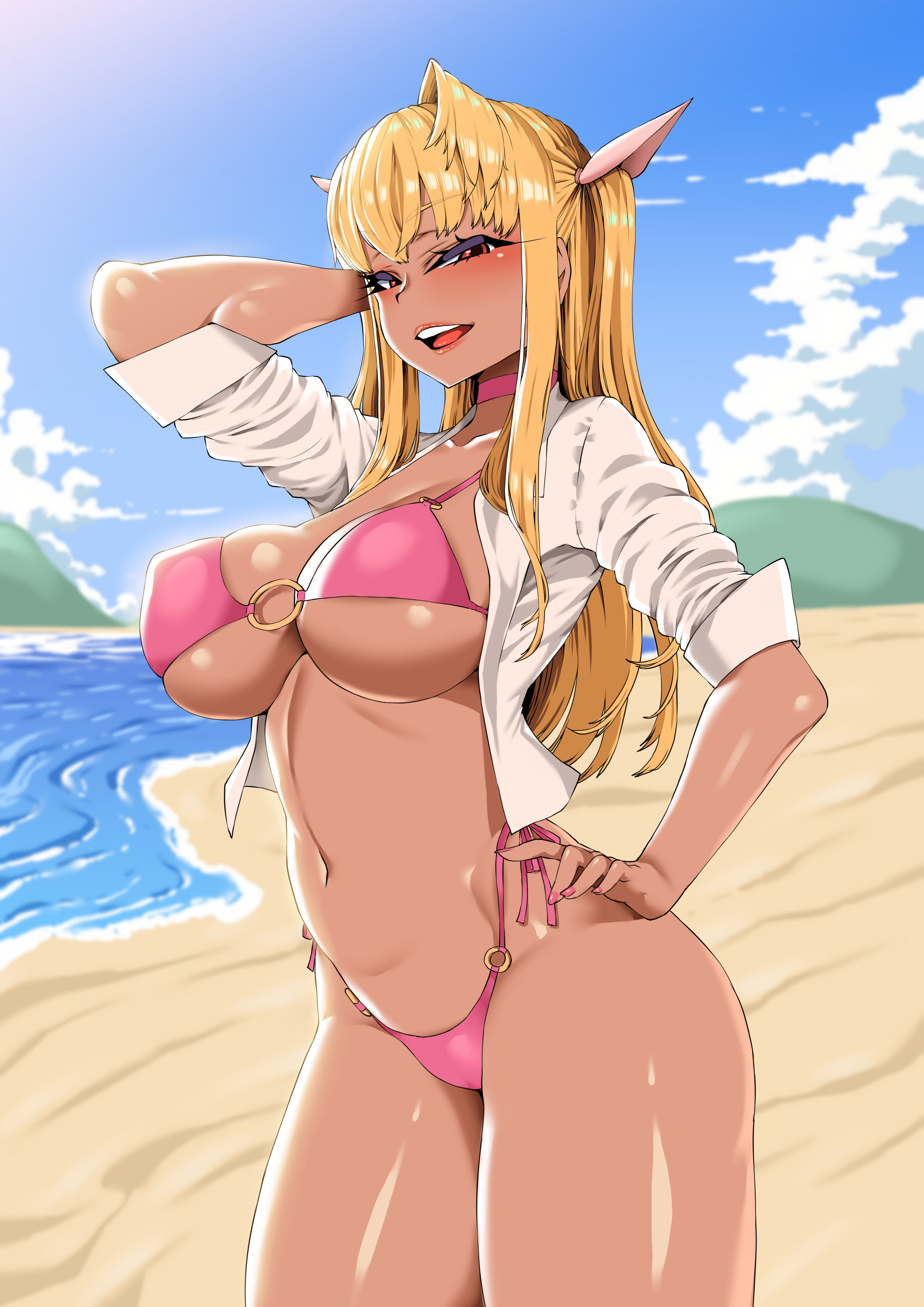 1girls, absurdres, beach, bikini, breasts, choker, collarbone, dark skin, dark-skinned female, day, dress shirt, female, gyaru, hand behind head, hand on hip, highres, kogal, kuro gyaru, large breasts, long hair, looking at viewer, nail polish, navel, o-ring, o-ring bikini, open clothes, open mouth, open shirt, original, outdoors, pink bikini, pink choker, pink lips, pink nails, red eyes, shirt, sidelocks, sky, smh1069, smile, solo, swimsuit, two side up, white shirt