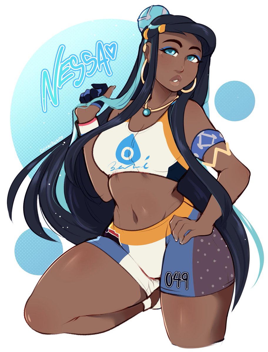 1girls, alternate breast size, big breasts, blue eyes, blue hair, breasts, chikkibug, cleavage, clothed, colored, dark skin, dark-skinned female, female, female only, gym leader, hair bun, half-closed eyes, hi res, high resolution, highres, human, nessa (pokemon), nintendo, pokemon, pokemon ss, pokemon trainer, solo, text, thick thighs, watermark, wide hips