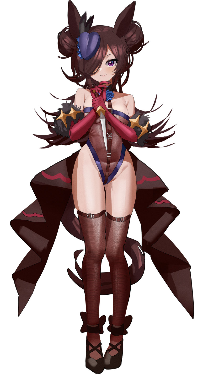 animal ears, black hair, breasts, brown hair, double bun, elbow gloves, feipin zhanshi, female, gloves, hair bun, hair over one eye, kemonomimi, knife, leotard, petite, purple eyes, rice shower (umamusume), small breasts, thighhighs, tight clothing, umamusume