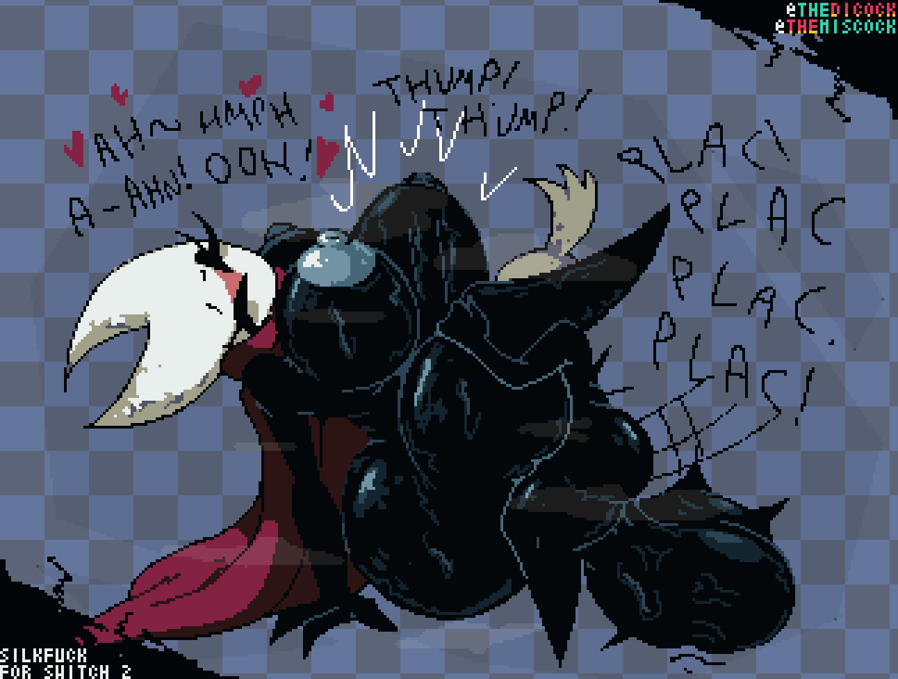 <3, 1boy, 1girls, 2025, anthro, ass, balls, big breasts, black body, blue nipples, blush, blushing, breasts, bulge, busty, eyelashes, female, head back, hearts, hetero, hollow knight, hollow knight: silksong, hornet (hollow knight), huge ass, humanoid, hyper, hyper penis, insects, large breasts, leaning back, leg grab, looking pleasured, male, male/female, moaning in pleasure, motion lines, musk clouds, nipples, onomatopoeia, penis, pixel art, plap, sex, simple background, small ass, small but hung, small dom big sub, small waist, smaller male, stomach bulge, straight, stretching, sweat, tagme, testicles, text, the knight (hollow knight), thedicock, thick thighs, veins, veiny balls, veiny testicles