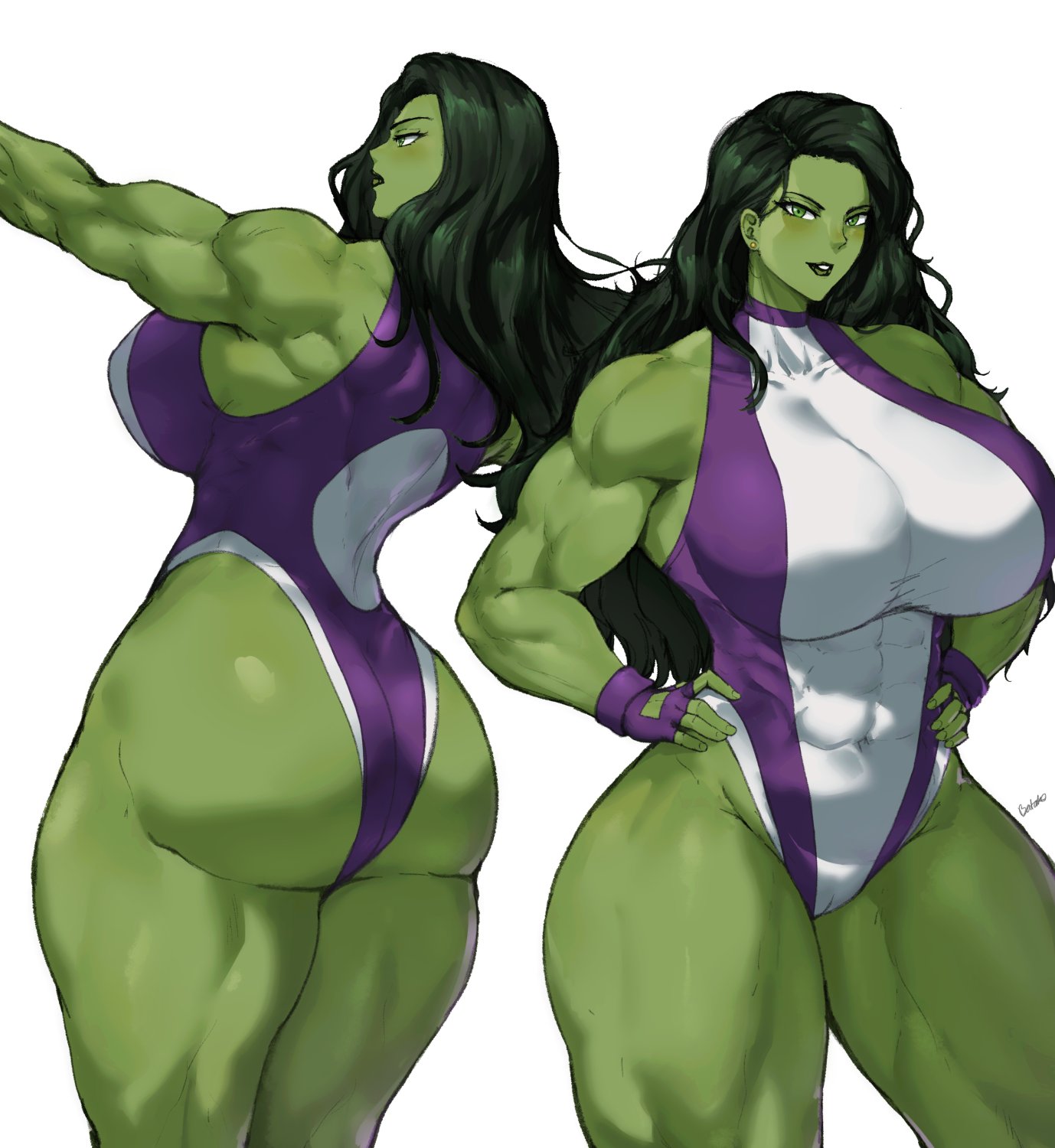 1girls, ass, batako, breasts, female, female focus, female only, hulk (series), jennifer walters, large ass, large breasts, marvel, marvel comics, muscular, muscular female, she-hulk, solo, superheroine, thick thighs, thighs, white background, wide hips