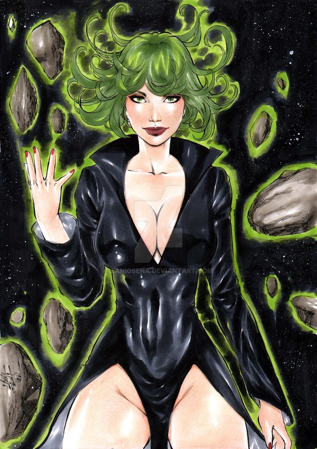 1girls 2017 alternate_breast_size asteroid asteroids big_breasts black_clothes black_clothing black_leotard breasts busty cleavage clothed curvaceous curvy dated deviantart distracting_watermark ed_benes_studio female female_only floating_hair green_eyebrows green_eyes green_hair lanio_sena large_breasts leotard long_hair makeup mascara mound_of_venus nail_polish one-punch_man pinup red_lips red_lipstick red_nail_polish red_nails signature solo space superheroine tatsumaki telekinesis thick_thighs thighs voluptuous watermark