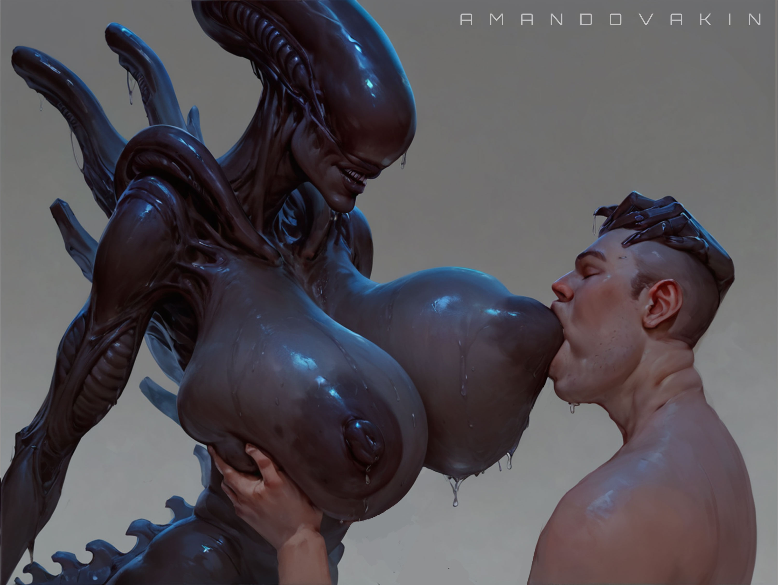 1girls, ai generated, alien (franchise), amandovakinai, breast feeding, breast sucking, breasts, breasts sucking, female, female xenomorph, femomorph, huge breasts, monster girl, xenomorph