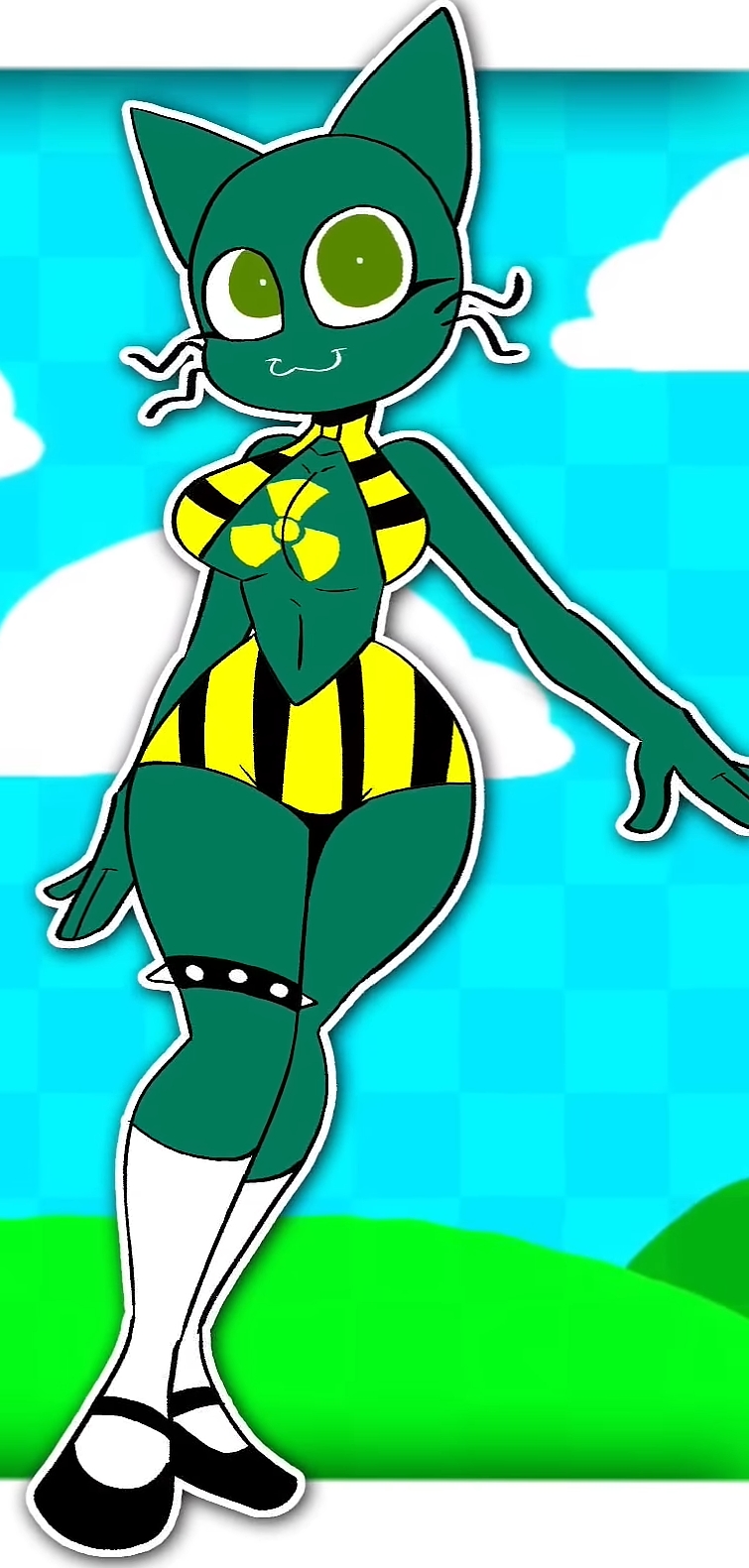 :3, barely clothed, black heels, black shoes, breasts, cat humanoid, cougar macdowall, cougar mcdowall va, feline, feline humanoid, female, genderswap, genderswap (mtf), green body, green pupils, humanized, radiation symbol, radioactive, radioactive sign, rule 63, screenshot, shoes, sprunki, sprunki pyramixed (sprunki mod), tagme, tox (sprunki pyramixed), xenobladediamond10, youtube, youtube shorts