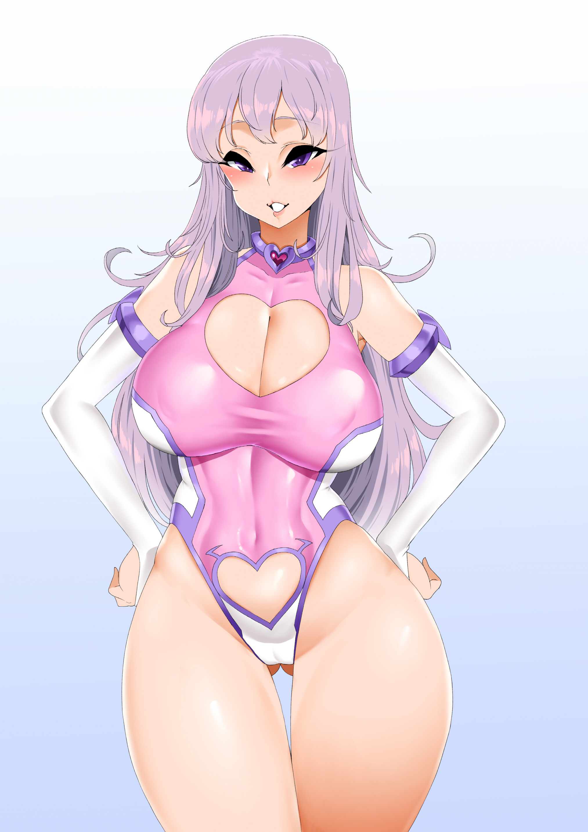 absurdres, ass visible through thighs, bare shoulders, blush, breasts, bridal gauntlets, cleavage, cleavage cutout, covered navel, demon, demon girl, elbow gloves, female, gloves, grin, hands on hips, highres, large breasts, leotard, long hair, looking at viewer, original, purple eyes, purple hair, smh1069, smile, solo, succubus, white gloves