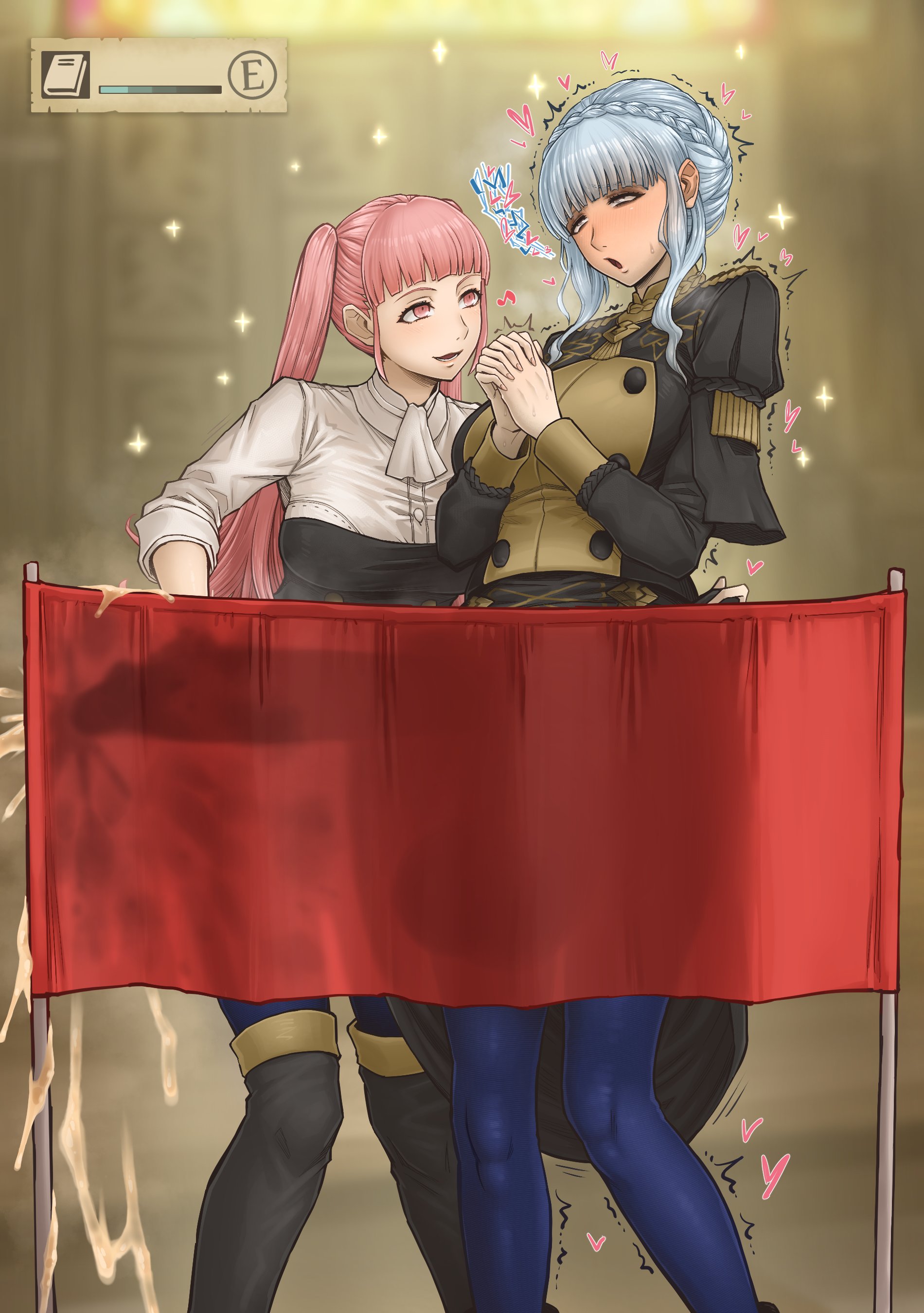 1futa, 1girls, balls, big balls, blue hair, clothed, clothing, cum, cumming, ejaculation, enormous penis, erection, female, fire emblem, futa on female, futanari, gameplay mechanics, gigantic penis, handjob, hilda valentine goneril, huge balls, human, intersex, light skin, light-skinned female, light-skinned futa, marianne von edmund, massive penis, mostly clothed, orgasm, penis, penis silhouette, pink hair, silhouette, silhouetted penis, standing, tobato the dog, translucent, user interface