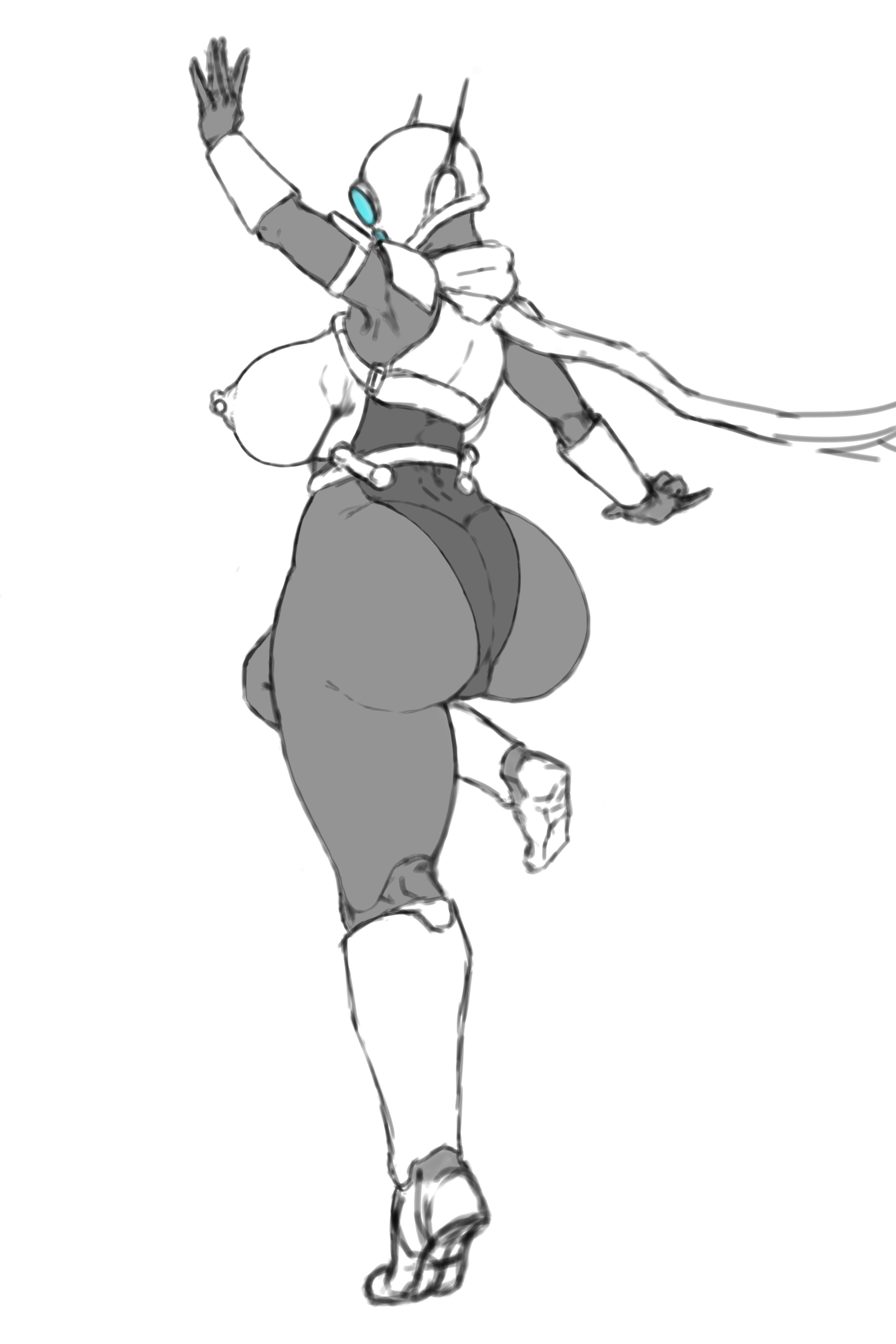 1girls, ass, big breasts, breasts, female, hacking piece, helmet, huge ass, huntress (risk of rain), partially nude, pierced nipples, pinup pose, risk of rain, thick thighs