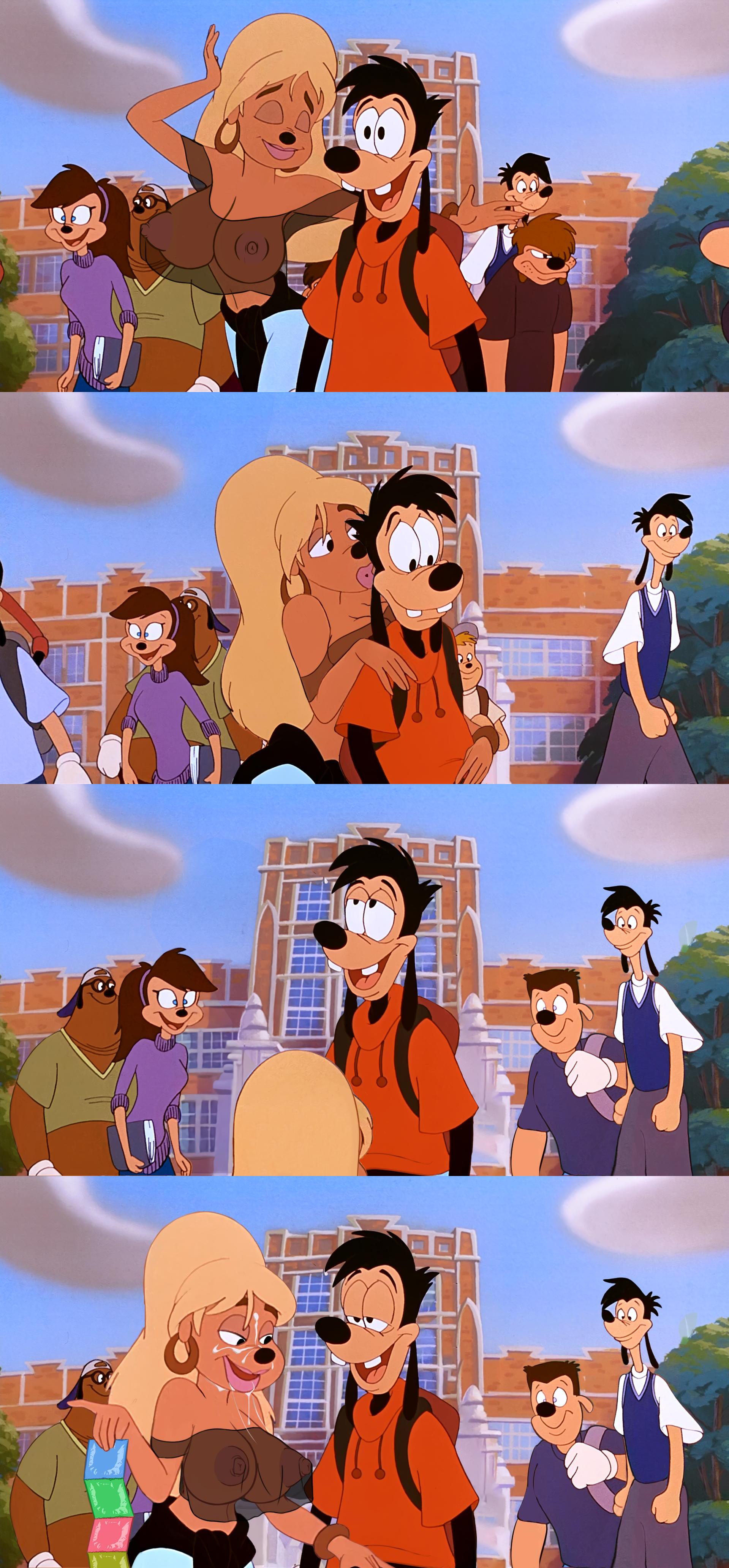 1boy, 1girls, a goofy movie, anthro, big breasts, blonde hair, blowjob, breasts, canine, cum, disney, edit, fellatio, female, goof troop, lisa (a goofy movie), male, max goof, monkeyman (artist), nipples, nipples visible through clothing, oral, public blowjob, screenshot, screenshot edit, see-through, thick lips