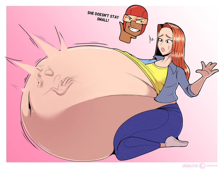2d, 2girls, atom eve, belly, big belly, big stomach, big thighs, clothed, clothed female, female, female only, image comics, imprint, invincible, jeans, light skin, light-skinned female, morbidly obese female, oral vore, red hair, red head, shrinking rae, squirming, squirming gut, stomach, struggling, struggling prey, superheroine, unshrinking, unwilling prey, unwilling vore, vore, yellow topwear