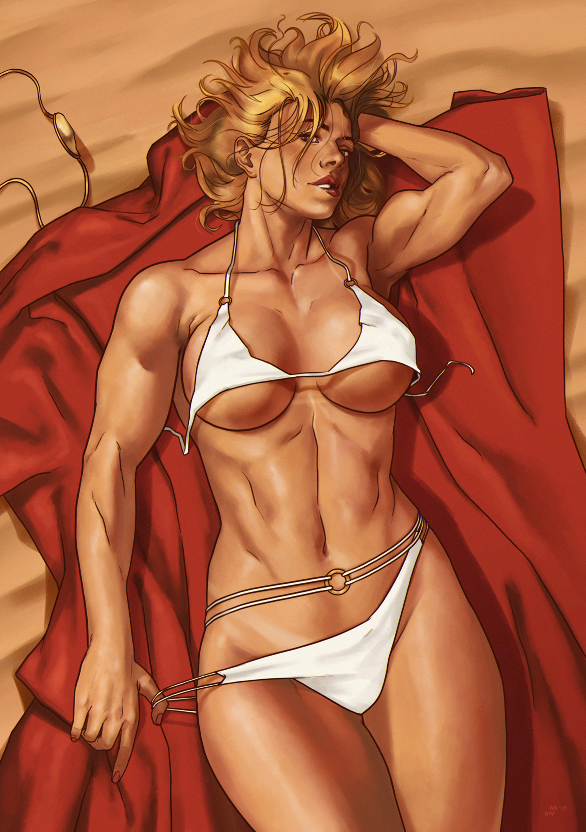 abs, big breasts, bikini, blonde hair, blue eyes, breasts, dc, dc comics, deu-o, dima ivanov, female, karen starr, large breasts, large hips, power girl, superman (series), tan lines