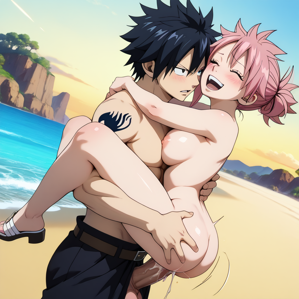 ai_generated and beach carrying fairy_tail gray_fullbuster happy_sex natsu_dragneel outdoors outside_sex rule_63 stand
